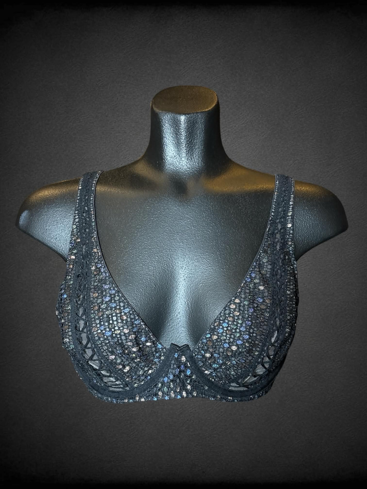 S Savage X Fenty black mesh wired bra with shimmer lace detailing
