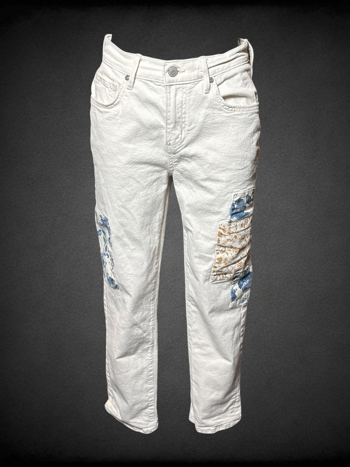 M Sonoma white jeans with floral patchwork design on front