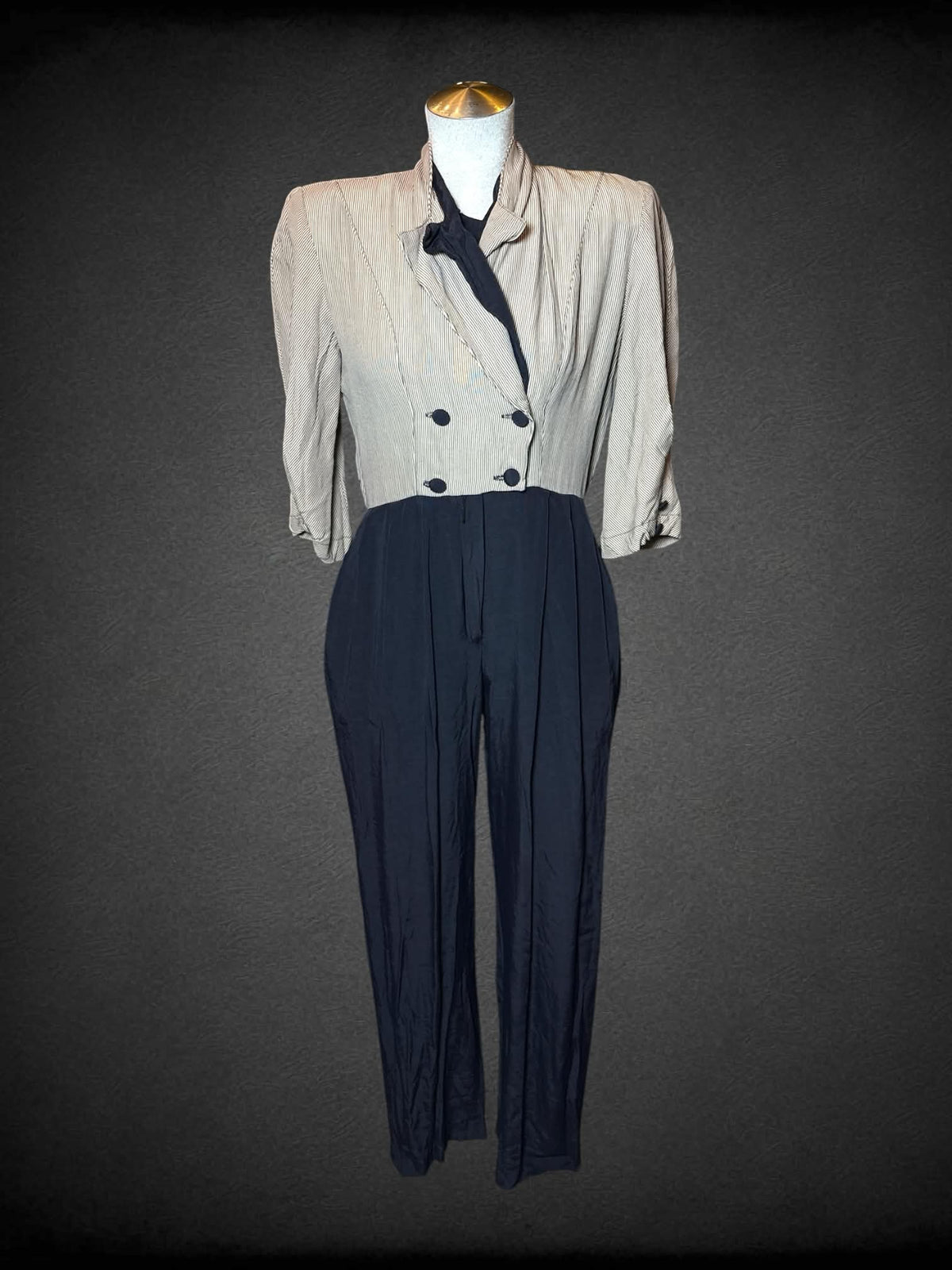 Renditions vintage black & brown jumpsuit with striped pattern, padded shoulders, and buttons on front