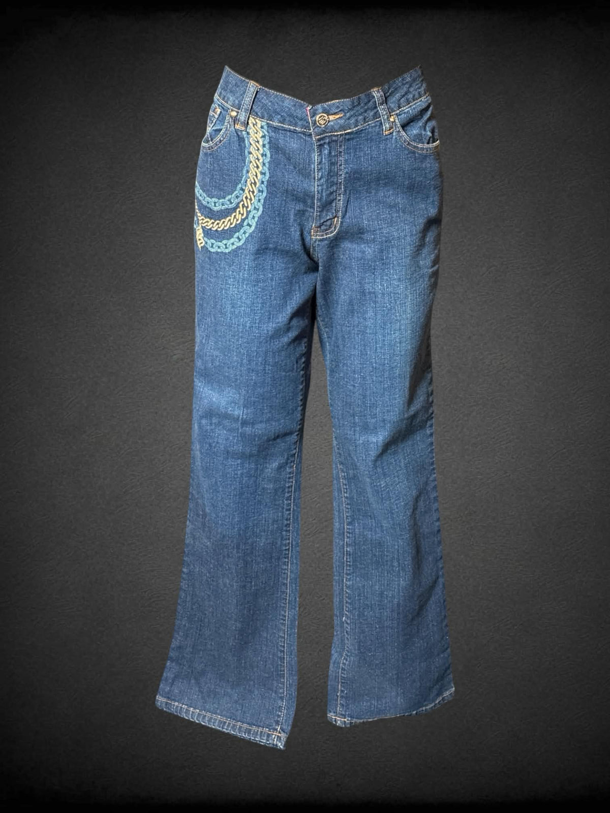L Roca Wear NWT blue mid-rise wide cut jeans with embroidered chain design on front, and metal logo and embroidery on back pockets