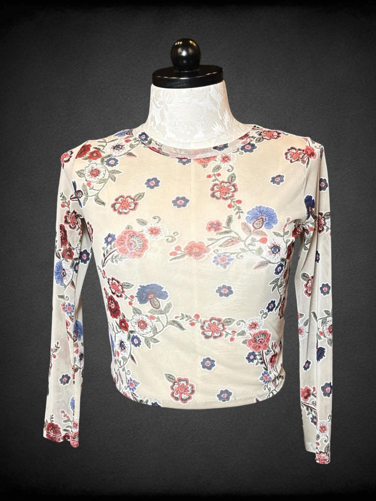 XL Ginger G tan mesh long-sleeve cropped top with floral pattern