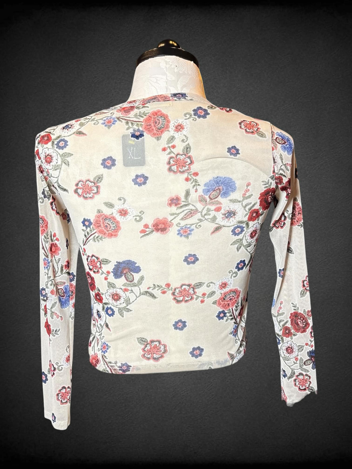 XL Ginger G tan mesh long-sleeve cropped top with floral pattern