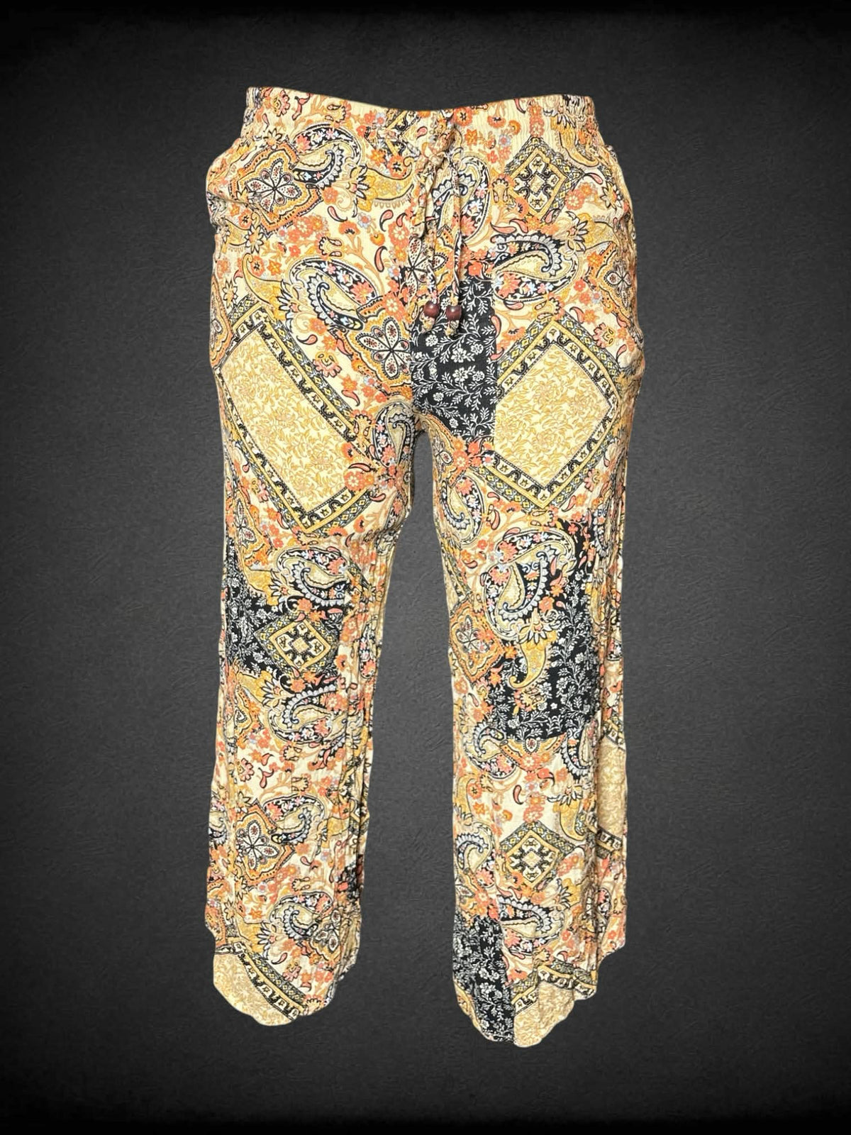 XL Cupcakes and Cashmere flowy yellow pants with paisley and floral pattern, and stretch waist