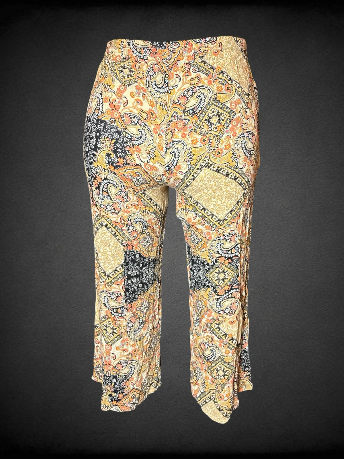 XL Cupcakes and Cashmere flowy yellow pants with paisley and floral pattern, and stretch waist