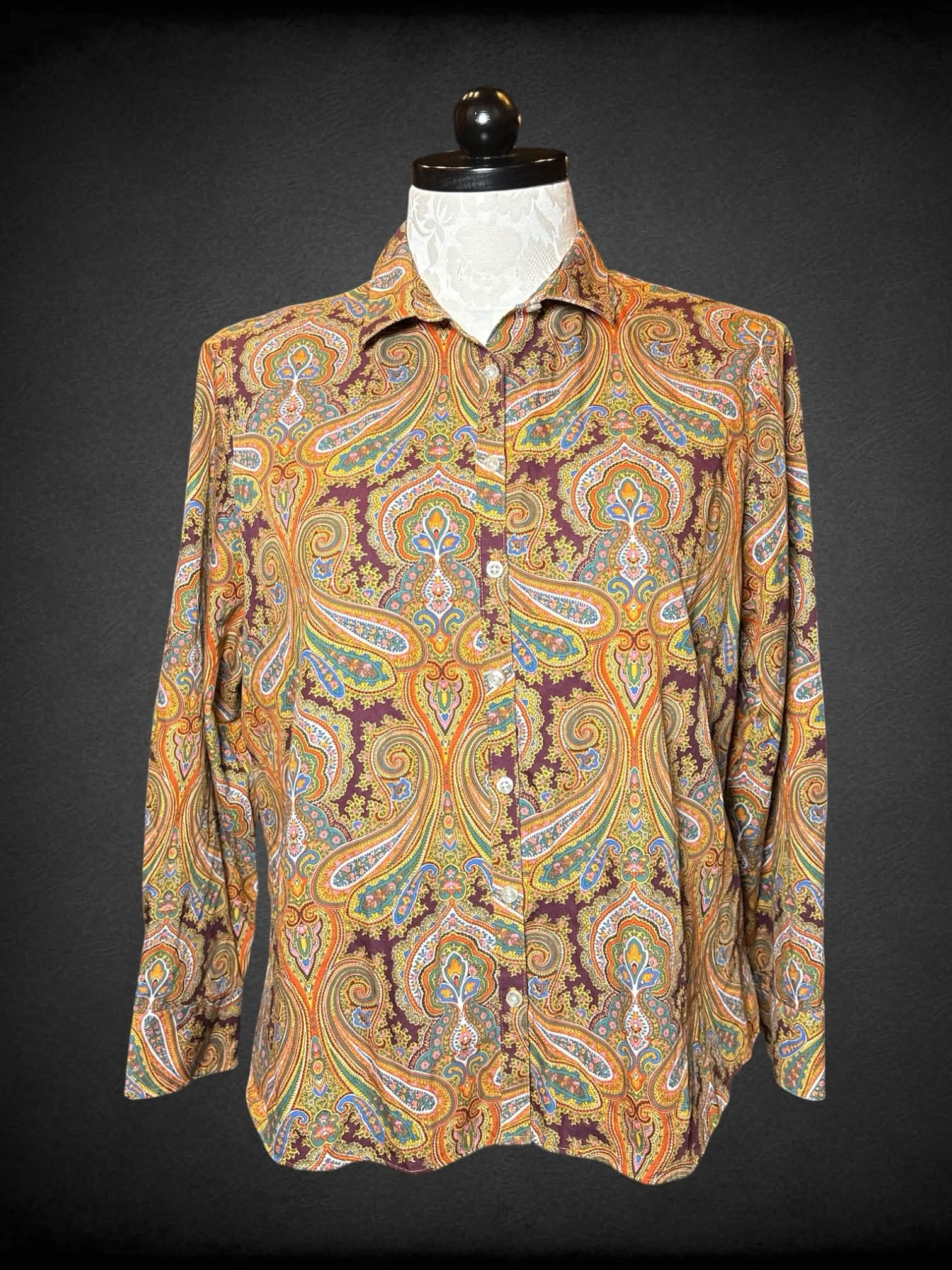 0X Land’s End maroon button-up shirt with colorful paisley pattern