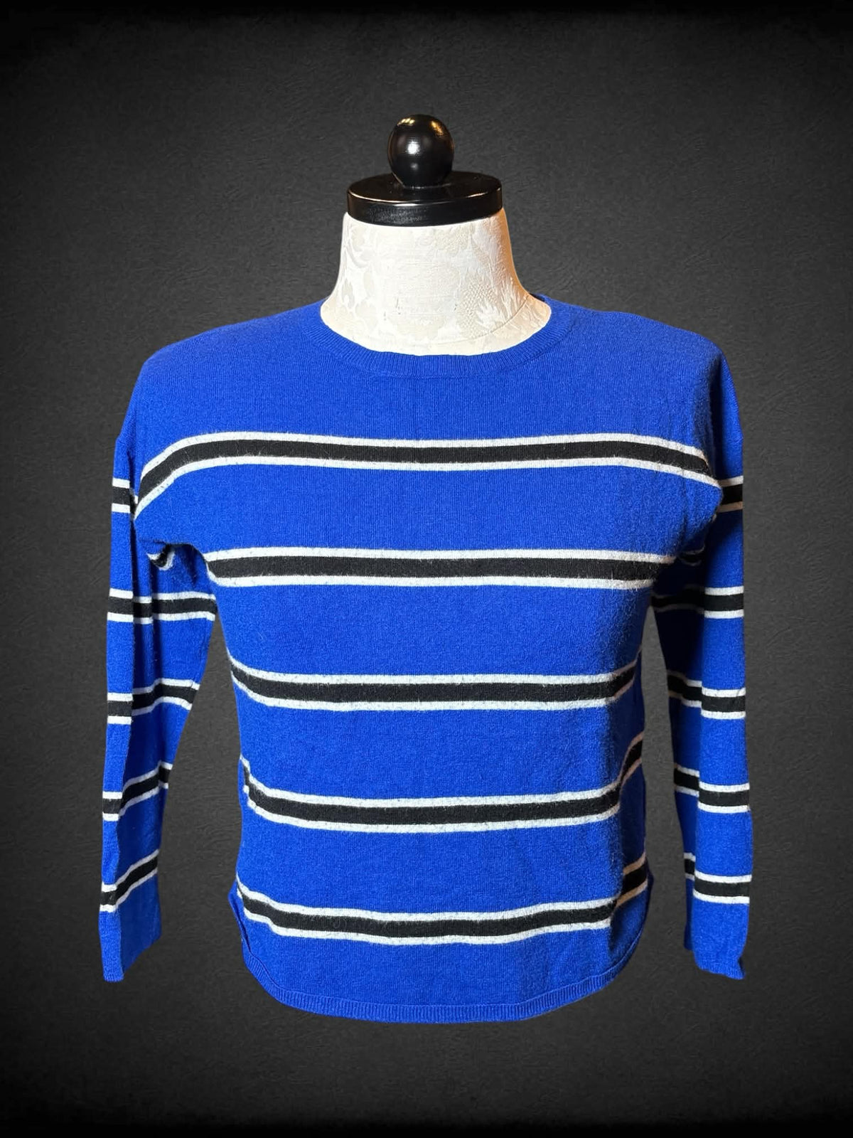 0X Express blue cropped sweater with black & white striped pattern
