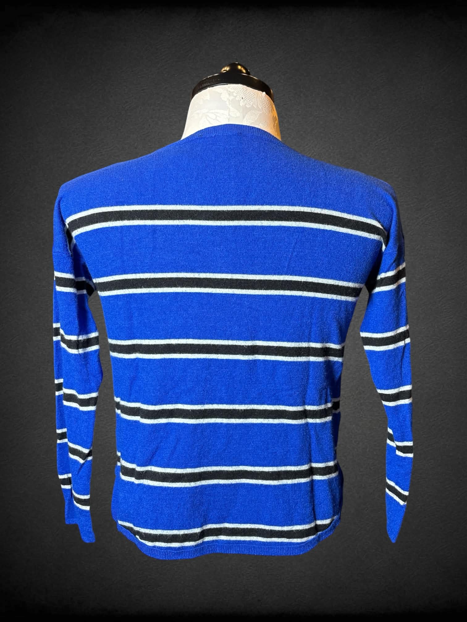 0X Express blue cropped sweater with black & white striped pattern