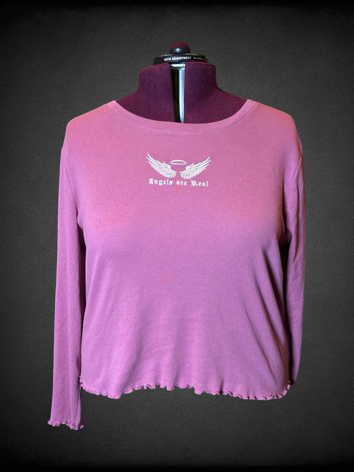 4X Forever 21 mauve long-sleeve top with embroidered “Angels Are Real” wings & halo design on front, and ruffle hem