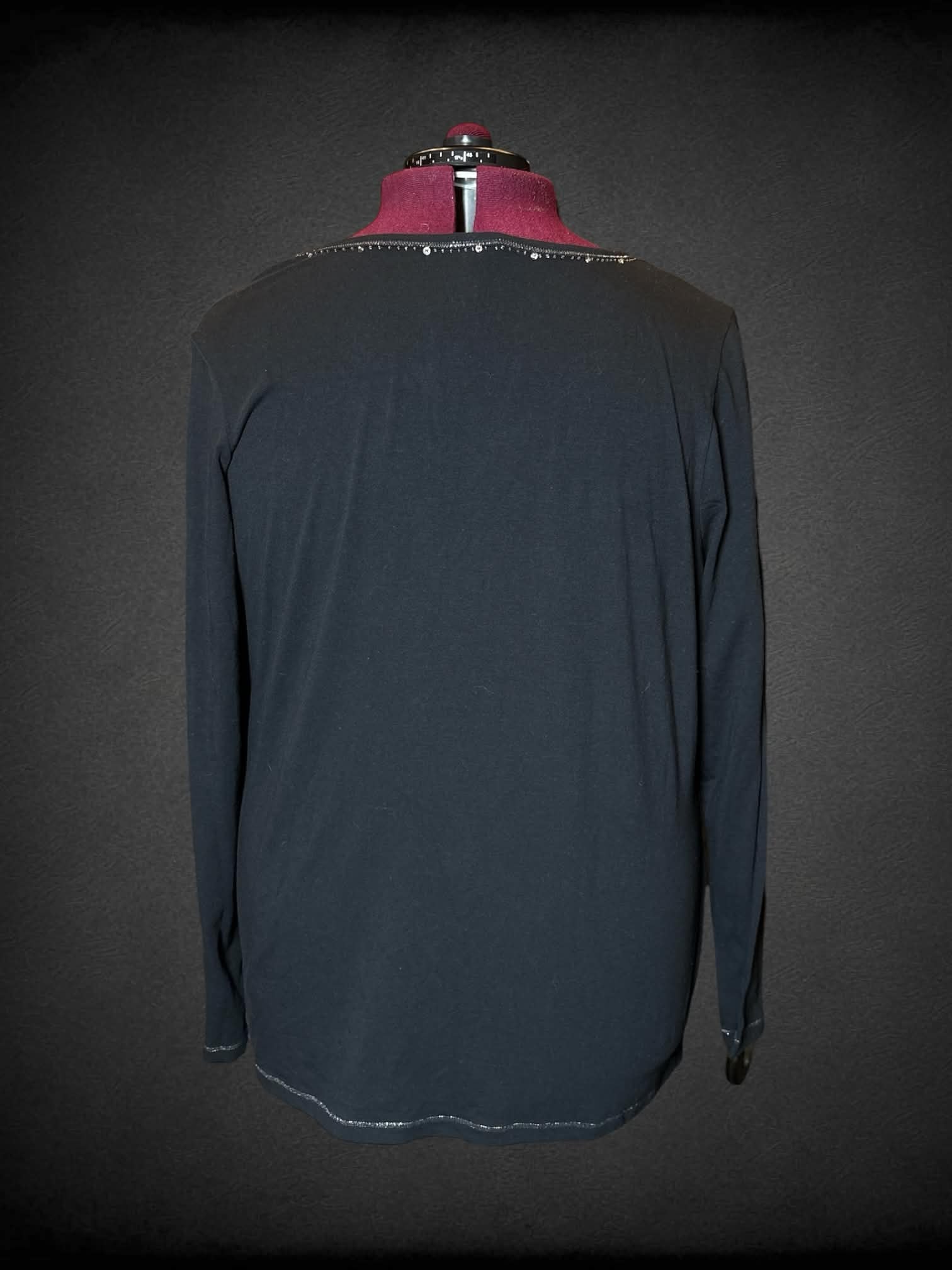 4X Venezia black long-sleeve shirt with beaded design on neckline, and lace on front