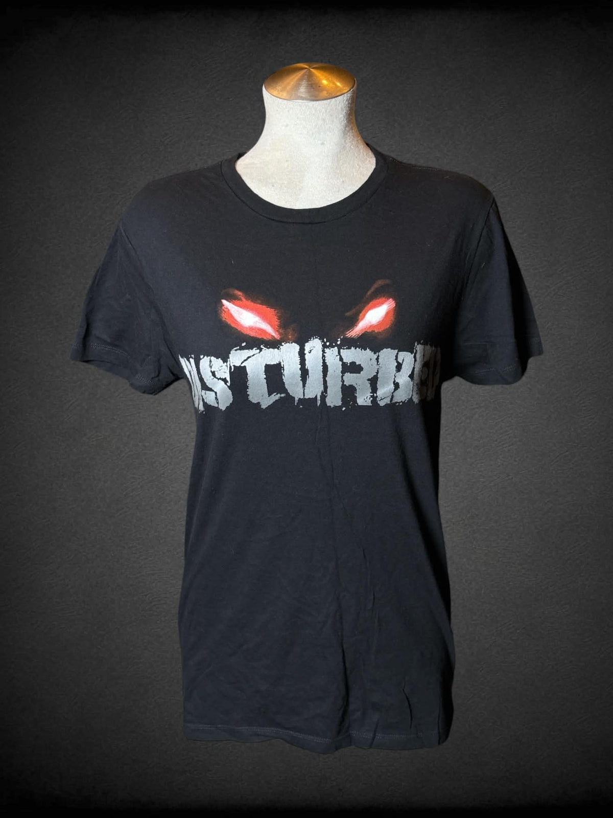 L Bay J Stand black t shirt with the band “Disturbed” spooky graphic on front and back