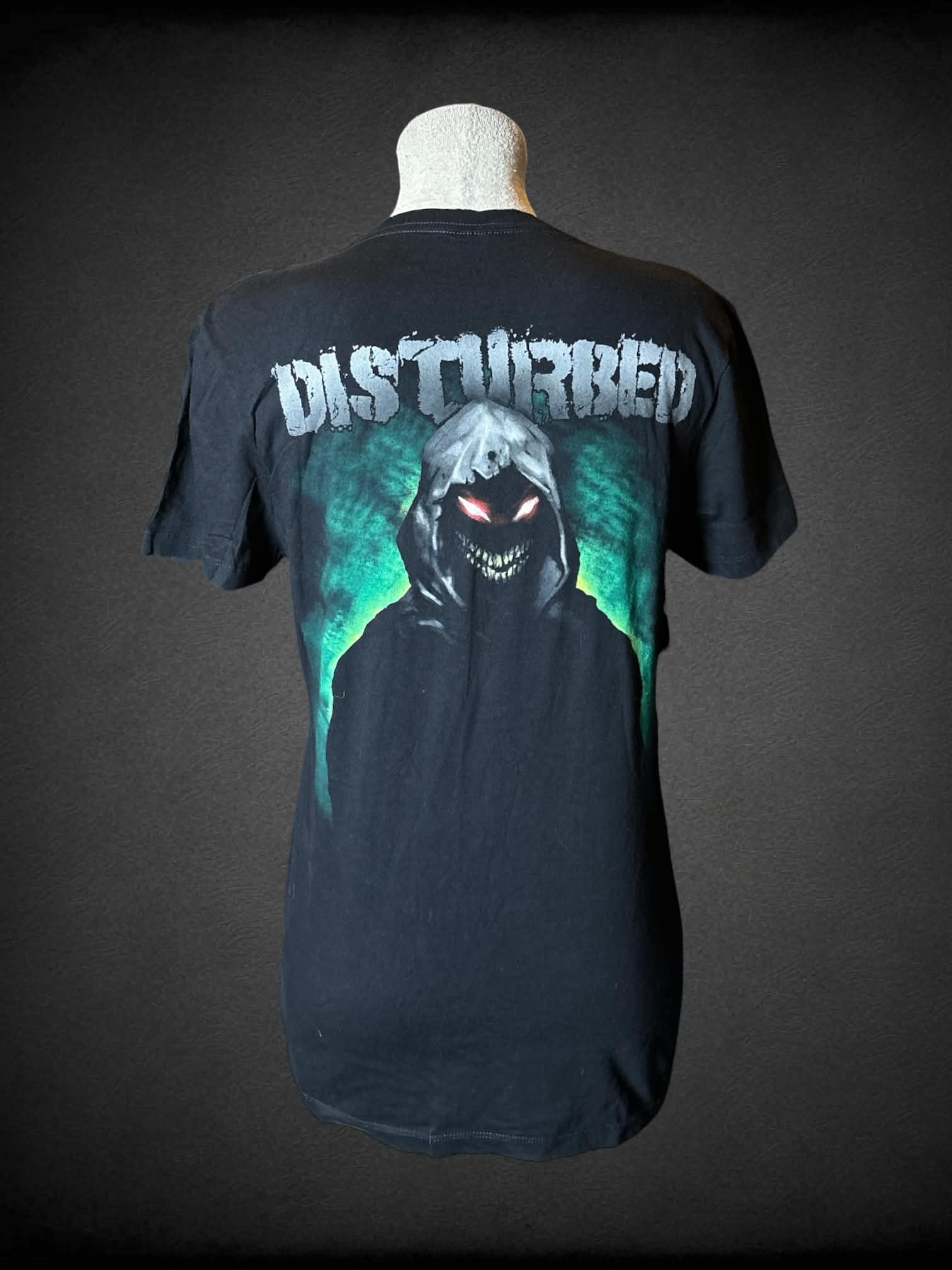 L Bay J Stand black t shirt with the band “Disturbed” spooky graphic on front and back