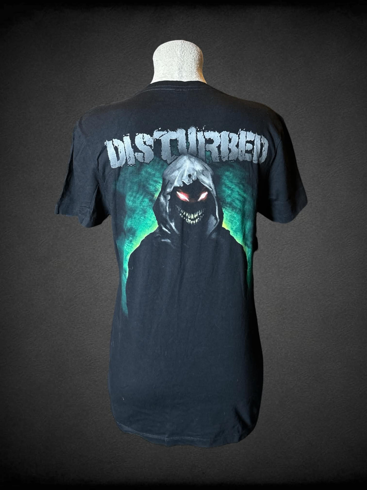 L Bay J Stand black t shirt with the band “Disturbed” spooky graphic on front and back