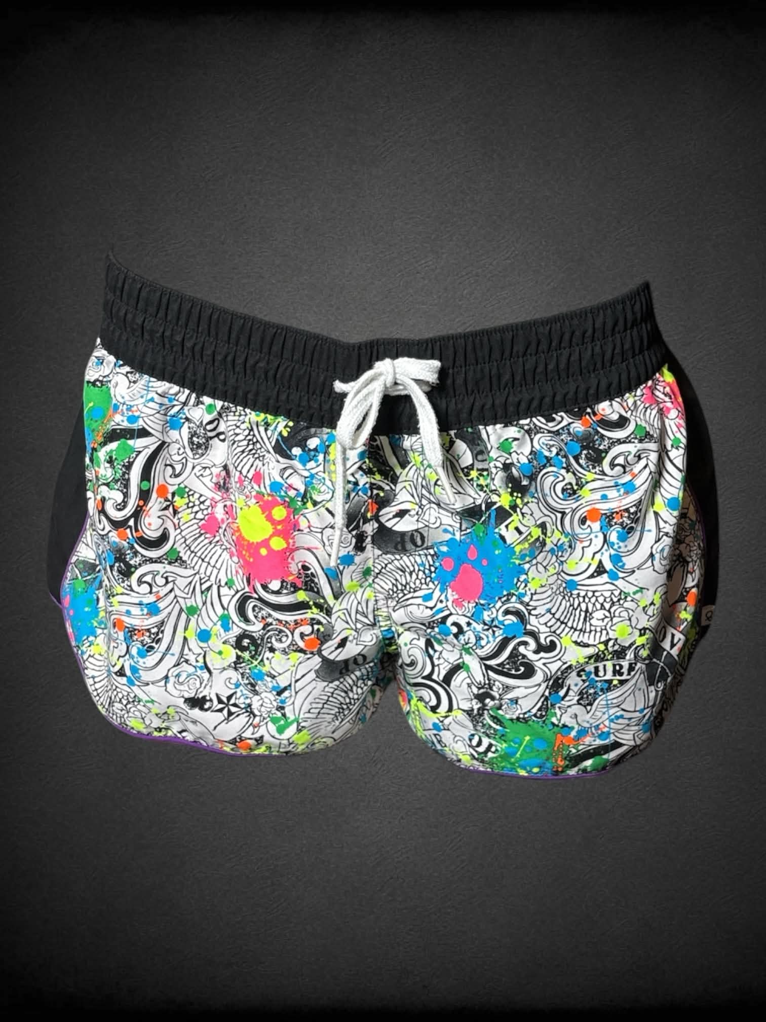L Op soft black shorts with traditional tattoo style pattern with paint splatter design