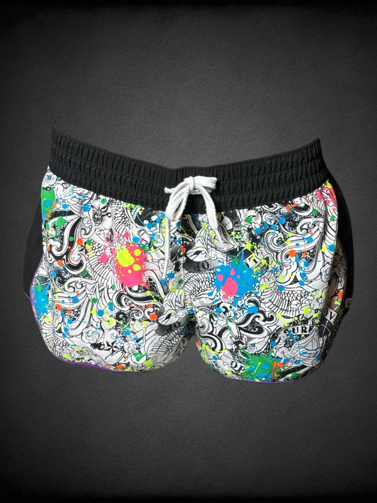 L Op soft black shorts with traditional tattoo style pattern with paint splatter design