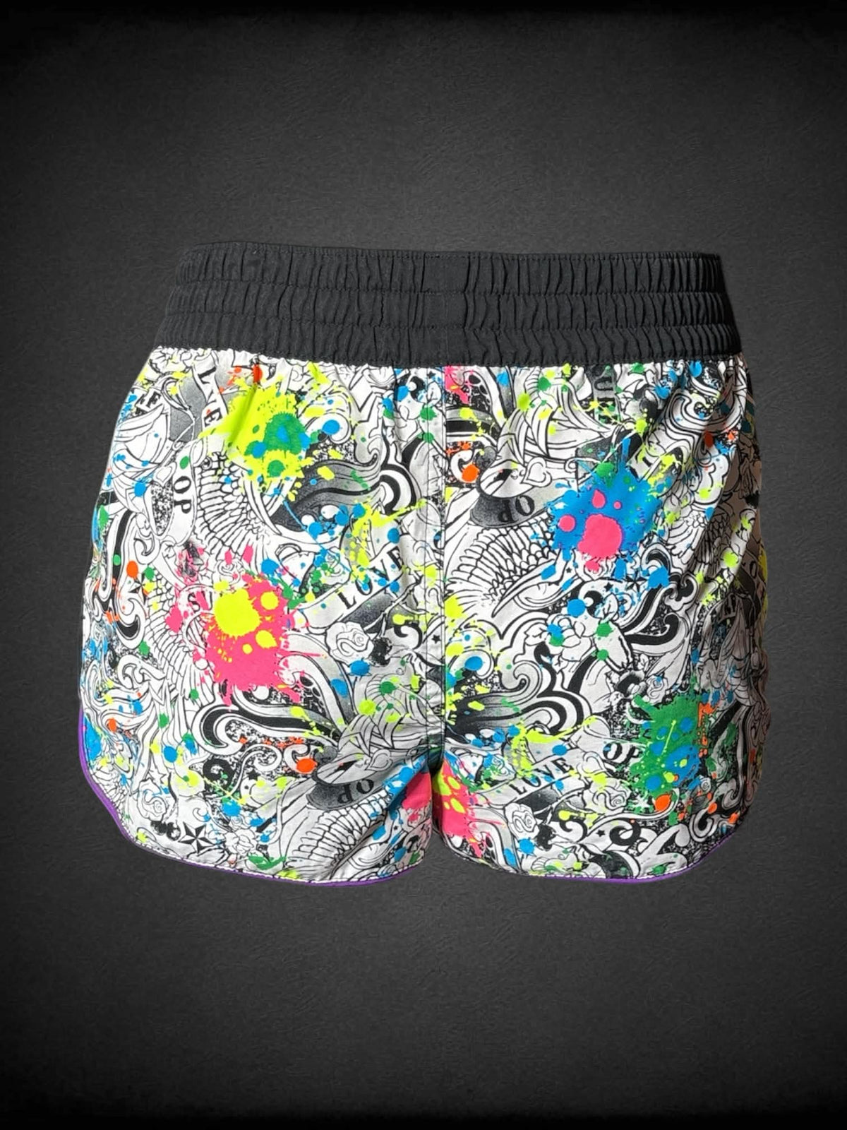 L Op soft black shorts with traditional tattoo style pattern with paint splatter design