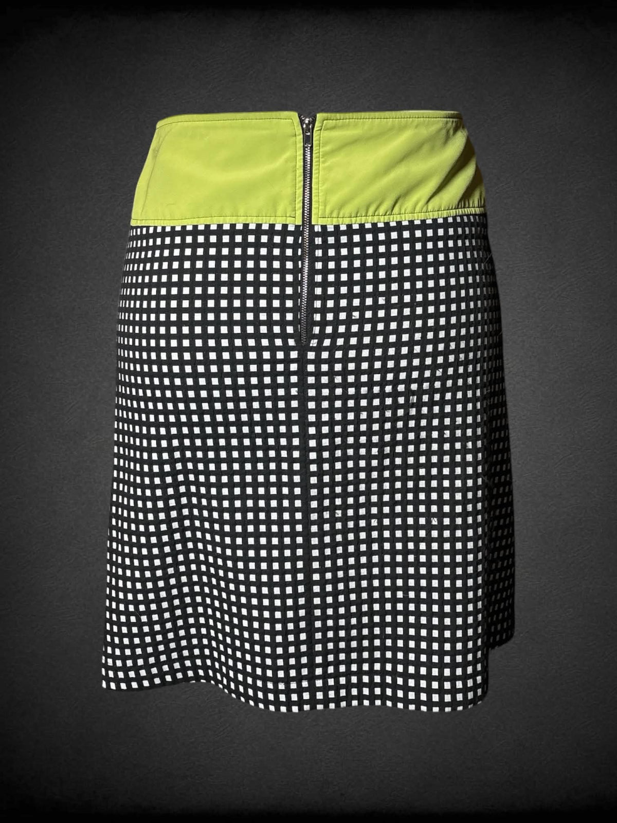 1X Modamix vintage black & white grid pencil skirt with wrap-around design on front, lime green waist band, and zipper on back