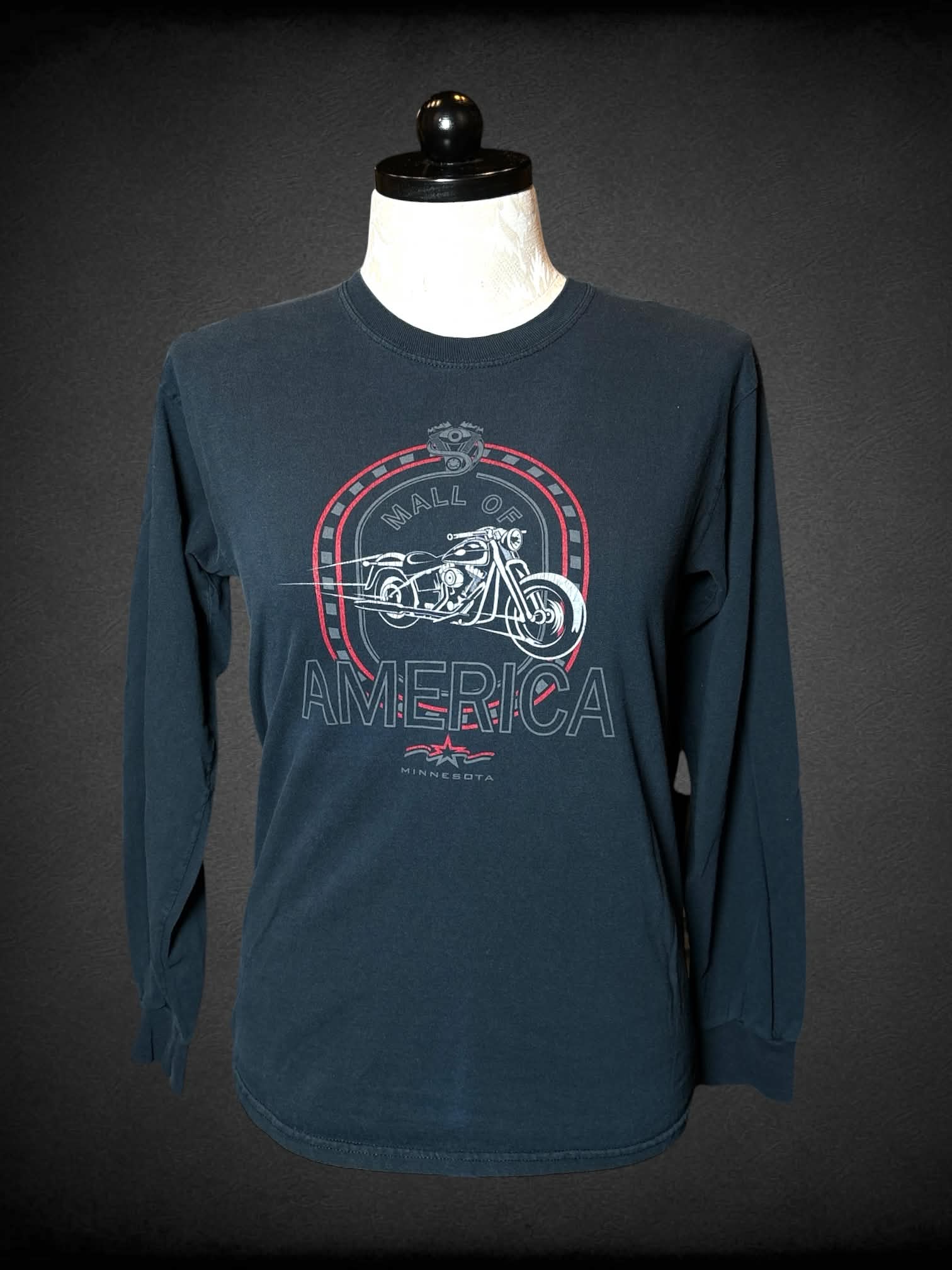 1X Mall of America black long-sleeve shirt with “Mall of America” motorcycle graphic on front