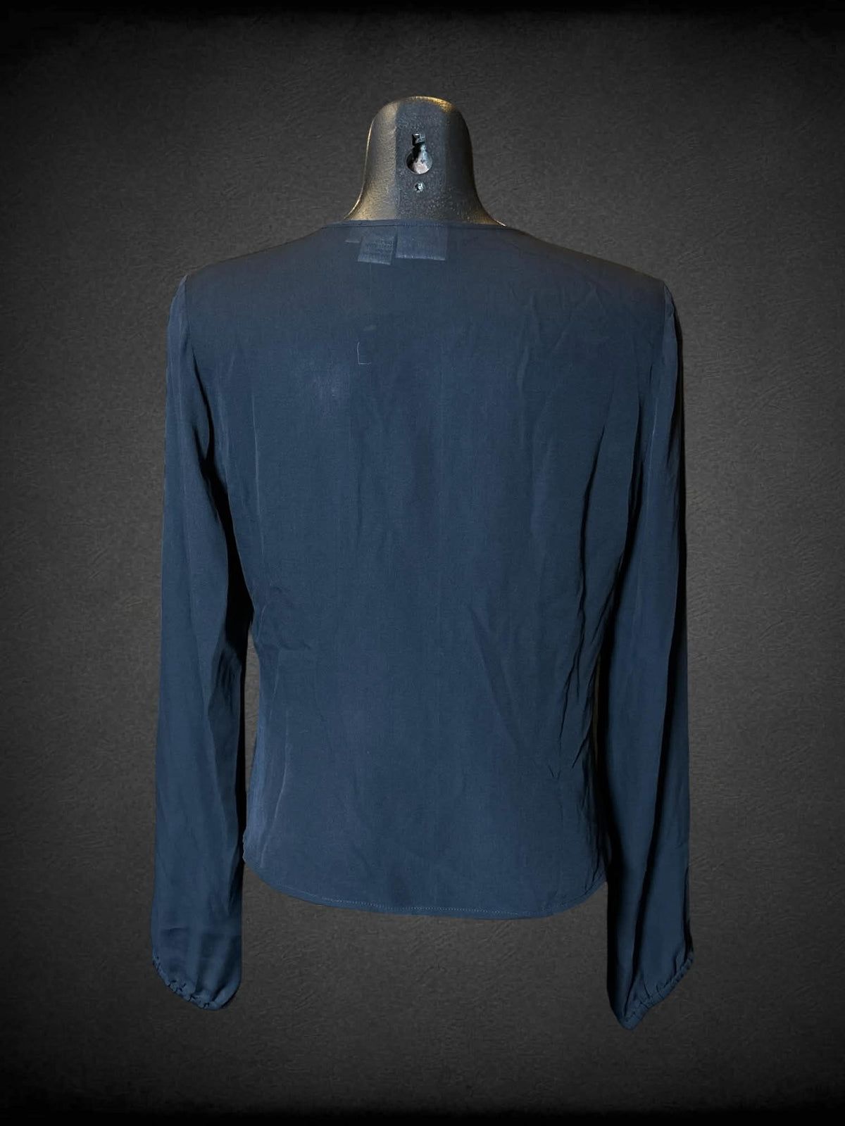 L Newport News black sheer silk long-sleeve blouse with tie up cutout design on fron