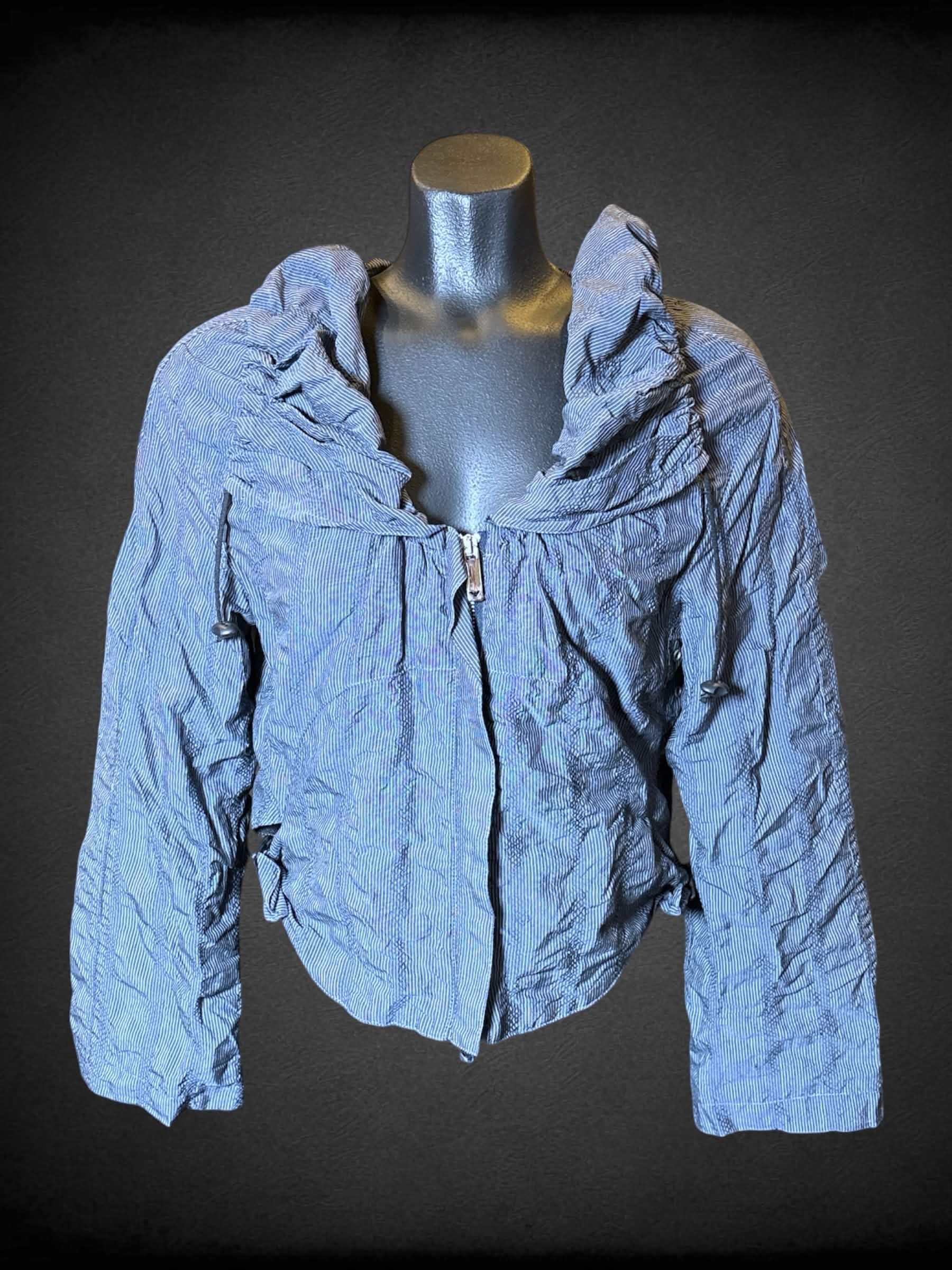 M Emporio Armani designer blue cropped wind-breaker with draw string cowl neck, and zipper on front