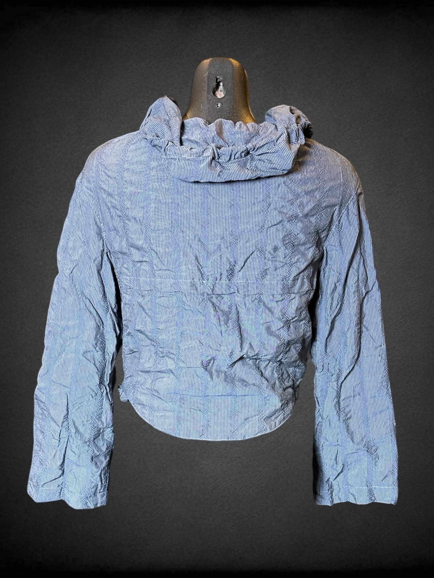 M Emporio Armani designer blue cropped wind-breaker with draw string cowl neck, and zipper on front