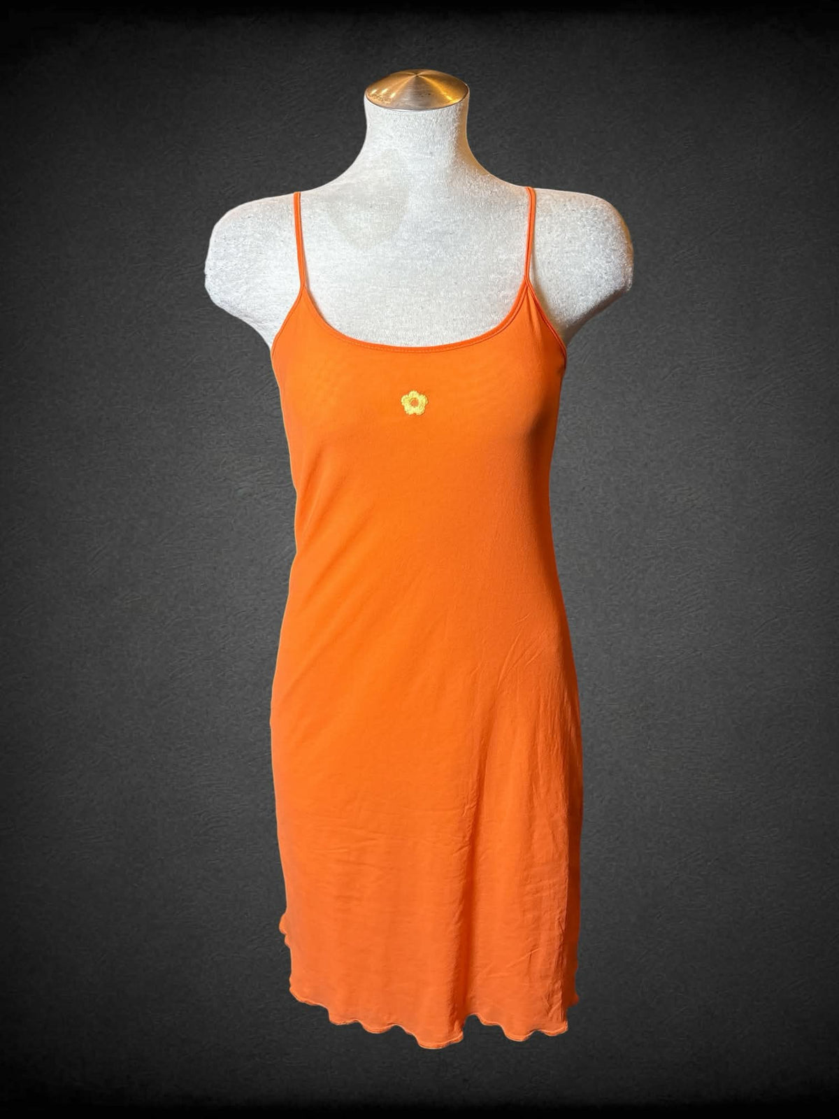 L Amichi vintage Y2K orange & yellow dress with ruffle hem, and embroidered flower on front
