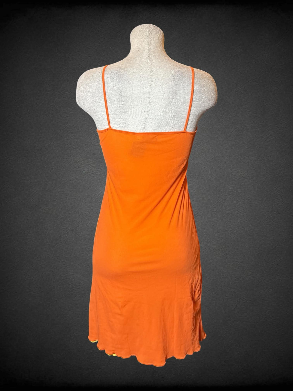 L Amichi vintage Y2K orange & yellow dress with ruffle hem, and embroidered flower on front
