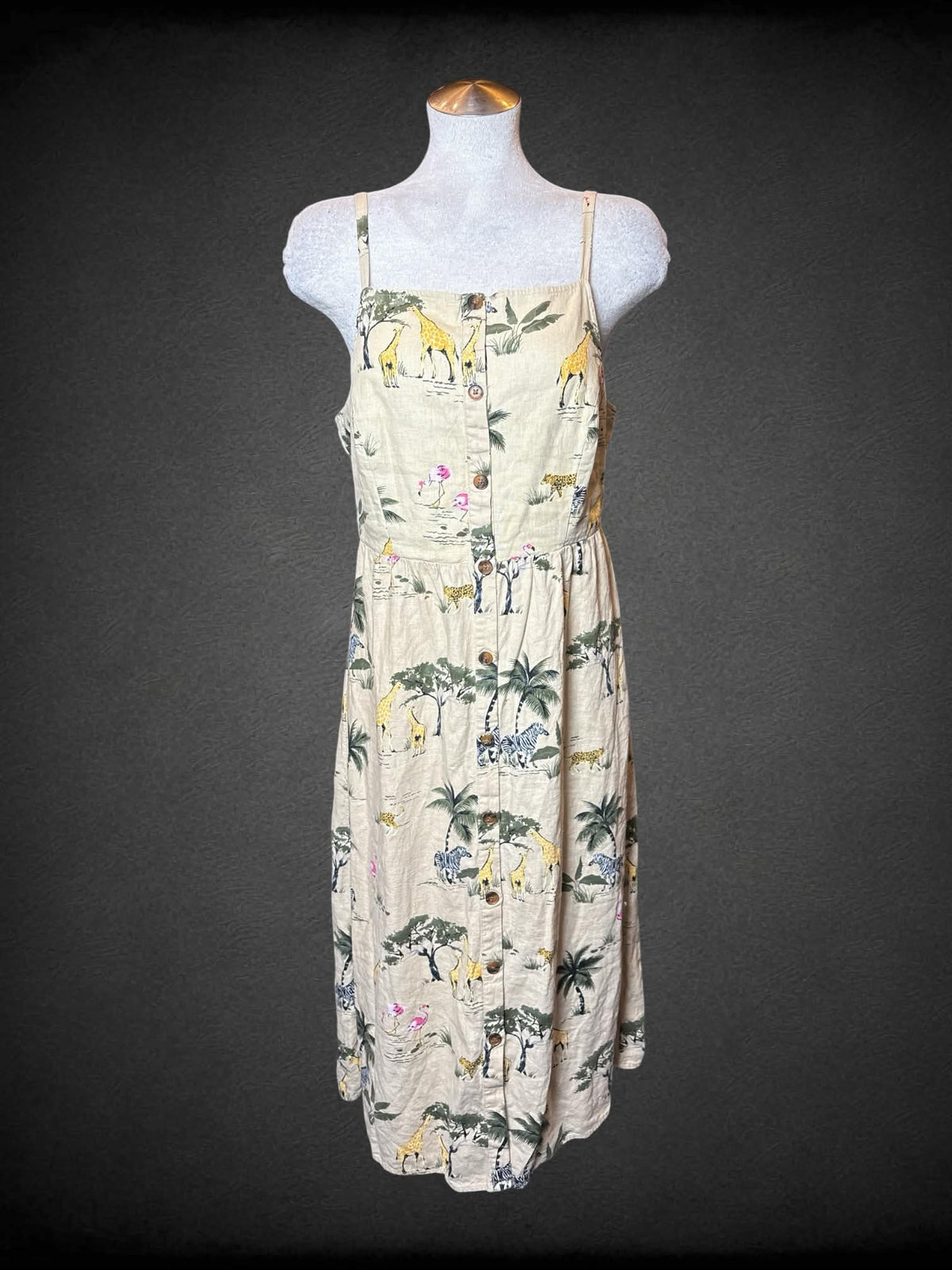 L Old Navy tan dress with safari animal design, decorative buttons on front, and adjustable straps