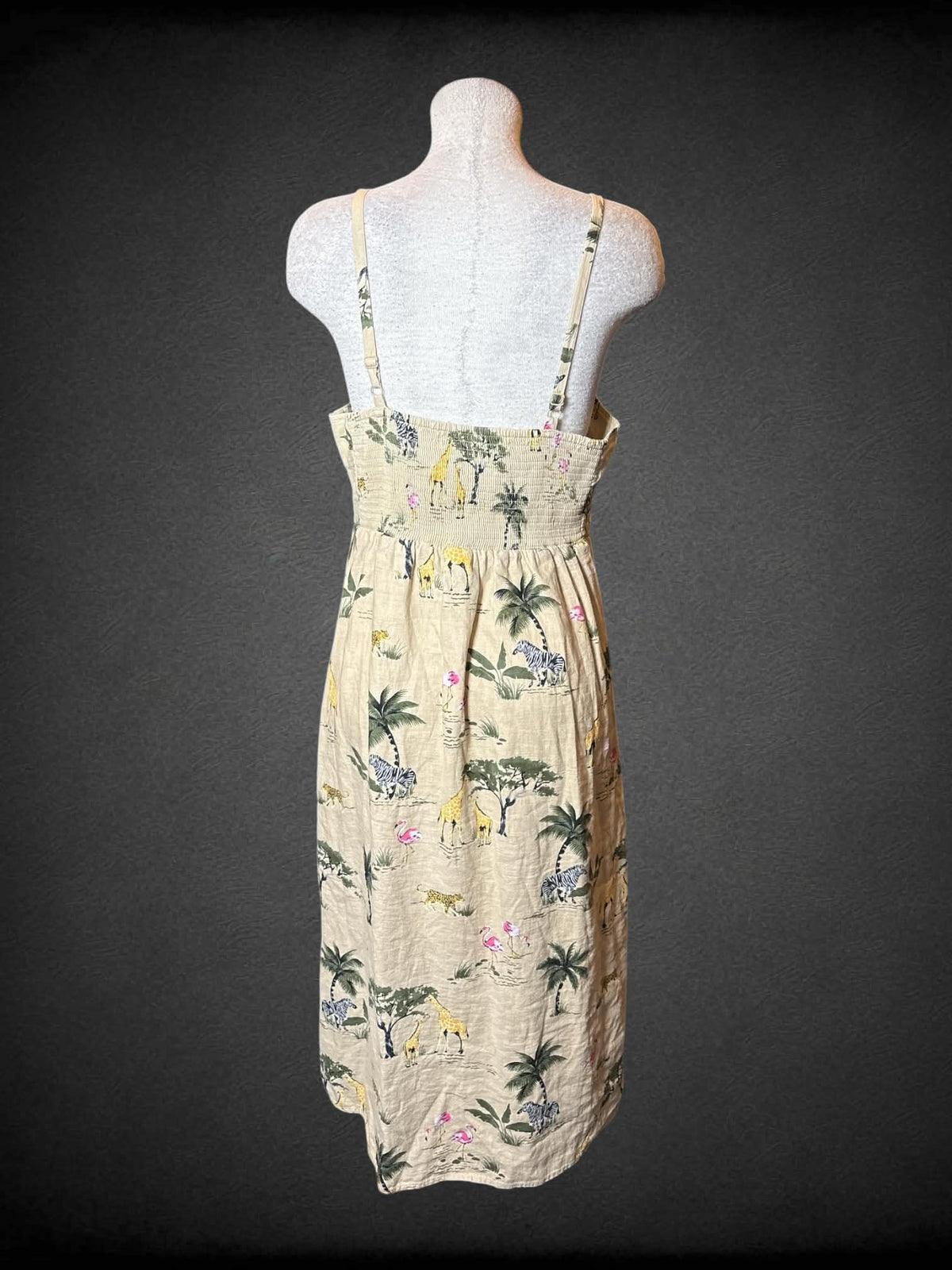 L Old Navy tan dress with safari animal design, decorative buttons on front, and adjustable straps