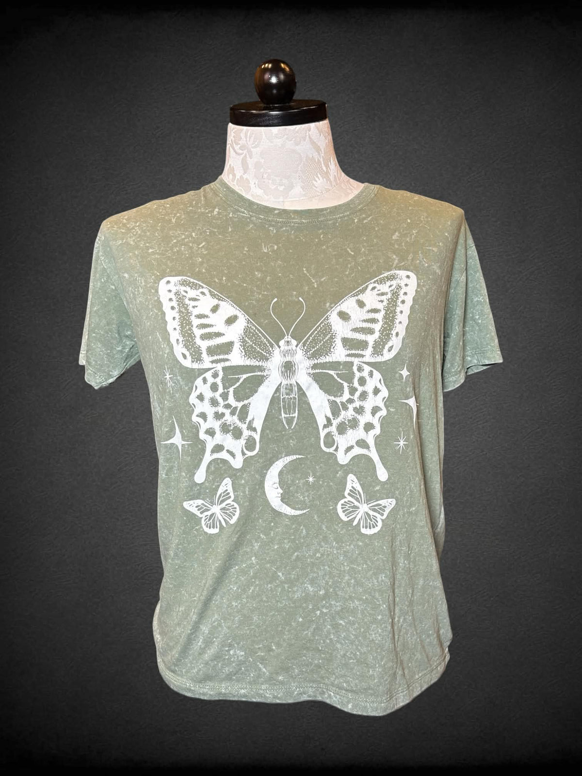 1X No Comment green marble tie-die t shirt with butterfly graphic on front