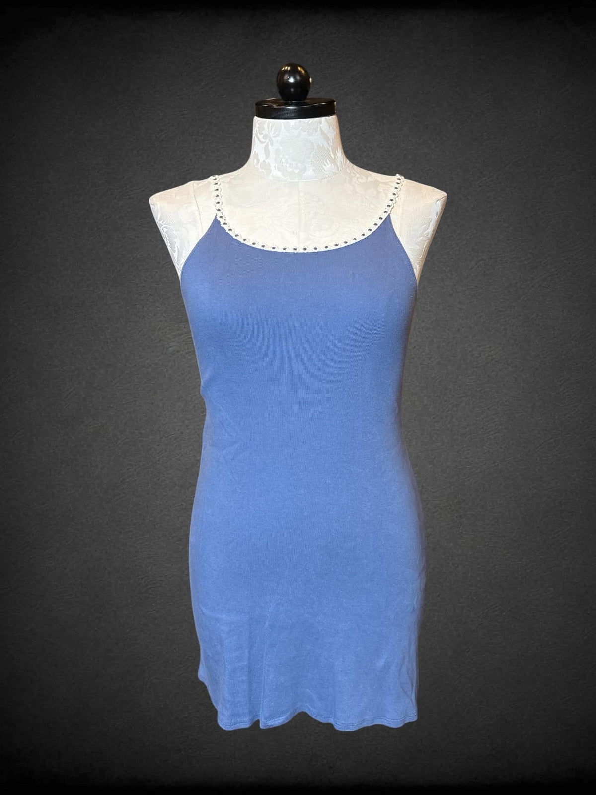 1X Tart blue ribbed short dress with flower hemline and straps