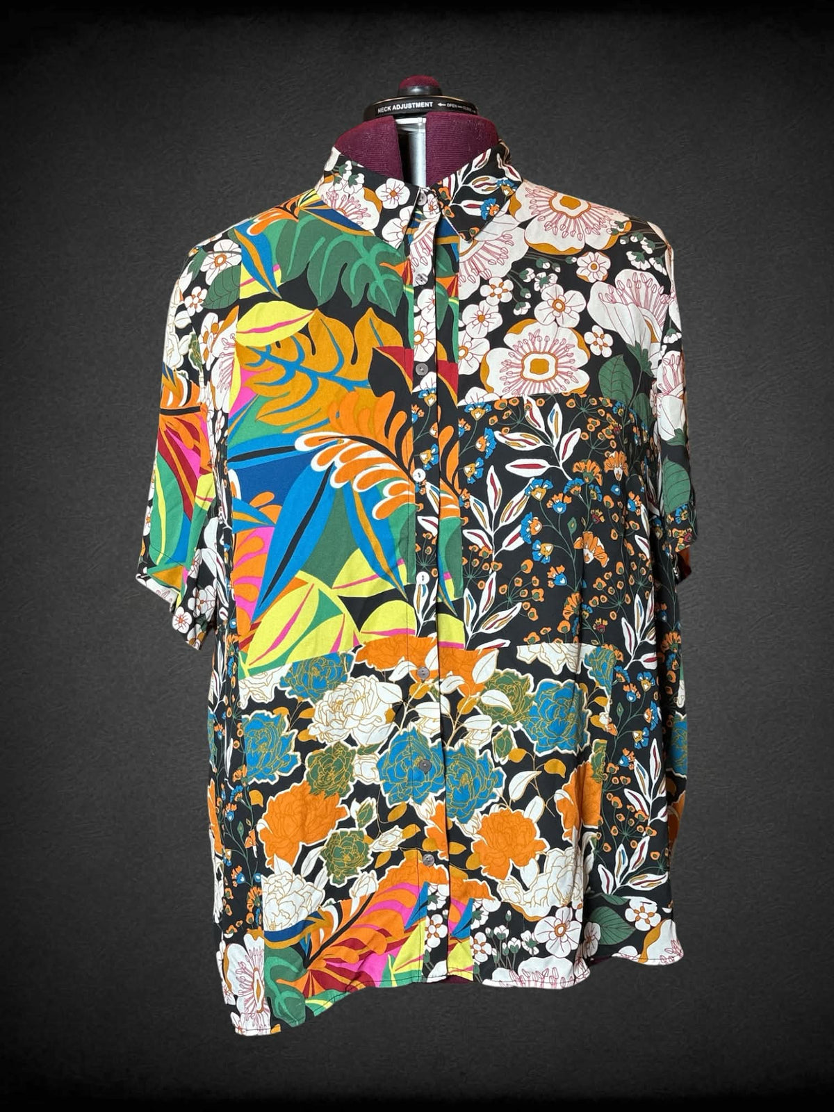 3X Rose + Olive black button-up flowy shirt with colorful patch-work style floral design