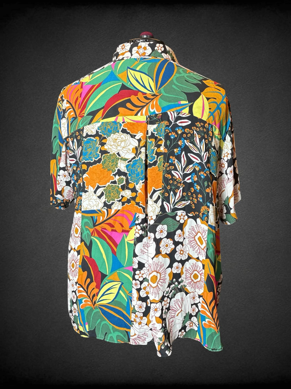 3X Rose + Olive black button-up flowy shirt with colorful patch-work style floral design
