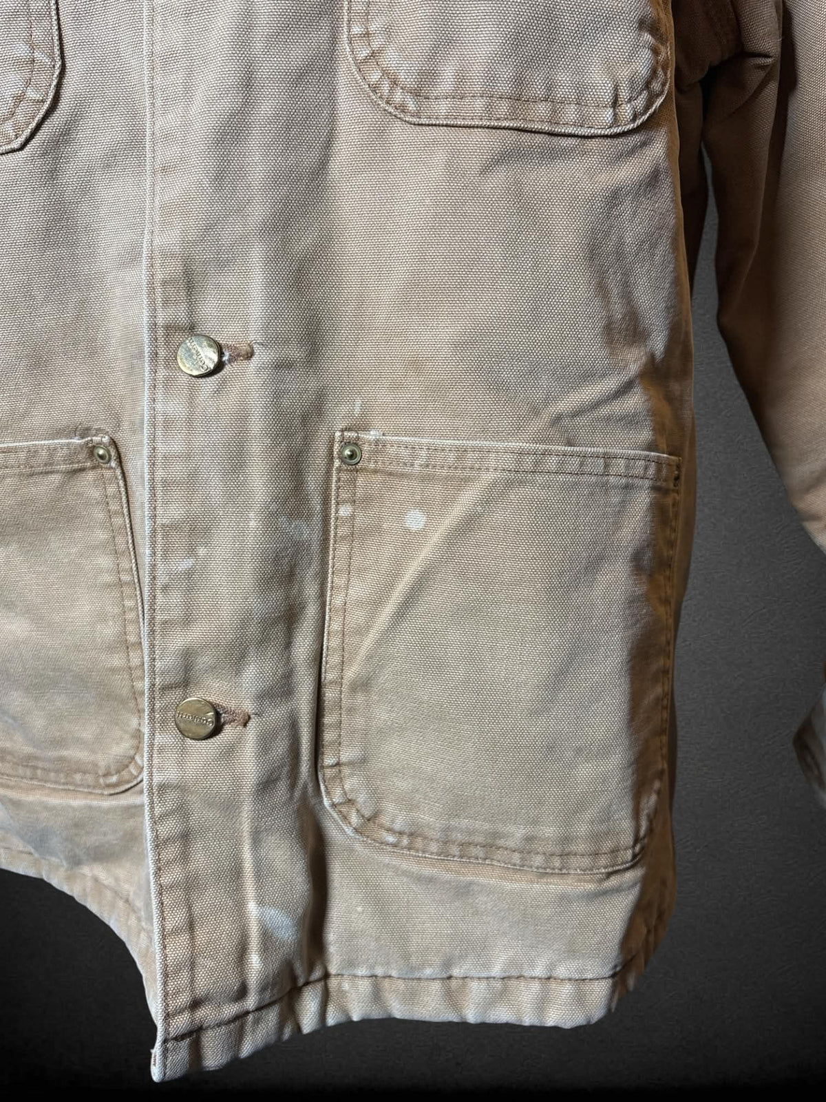 3X Carhartt tan heavyweight button-up jacket with corduroy collar, pockets, and embroidery on front