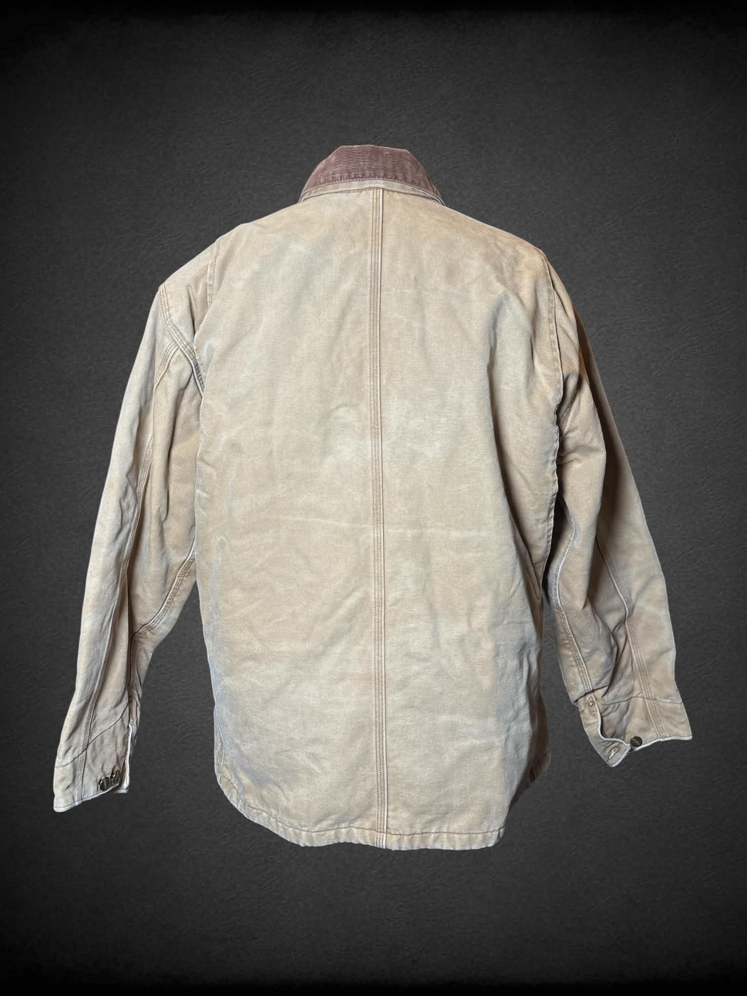 3X Carhartt tan heavyweight button-up jacket with corduroy collar, pockets, and embroidery on front