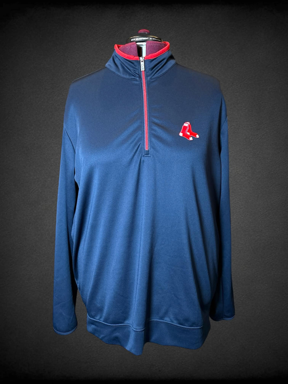 4X navy blue jacket with embroidered “Red Sox” logo on front, and zipper