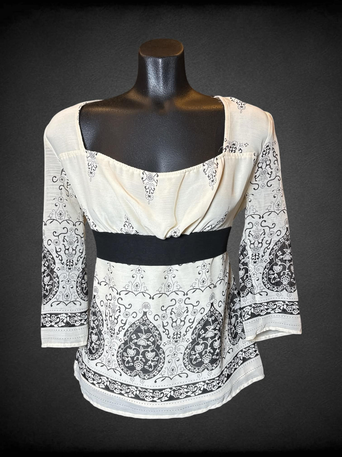 M Essentials By Milano vintage Y2K white blouse with black floral art nouveau design, and black tie around waist