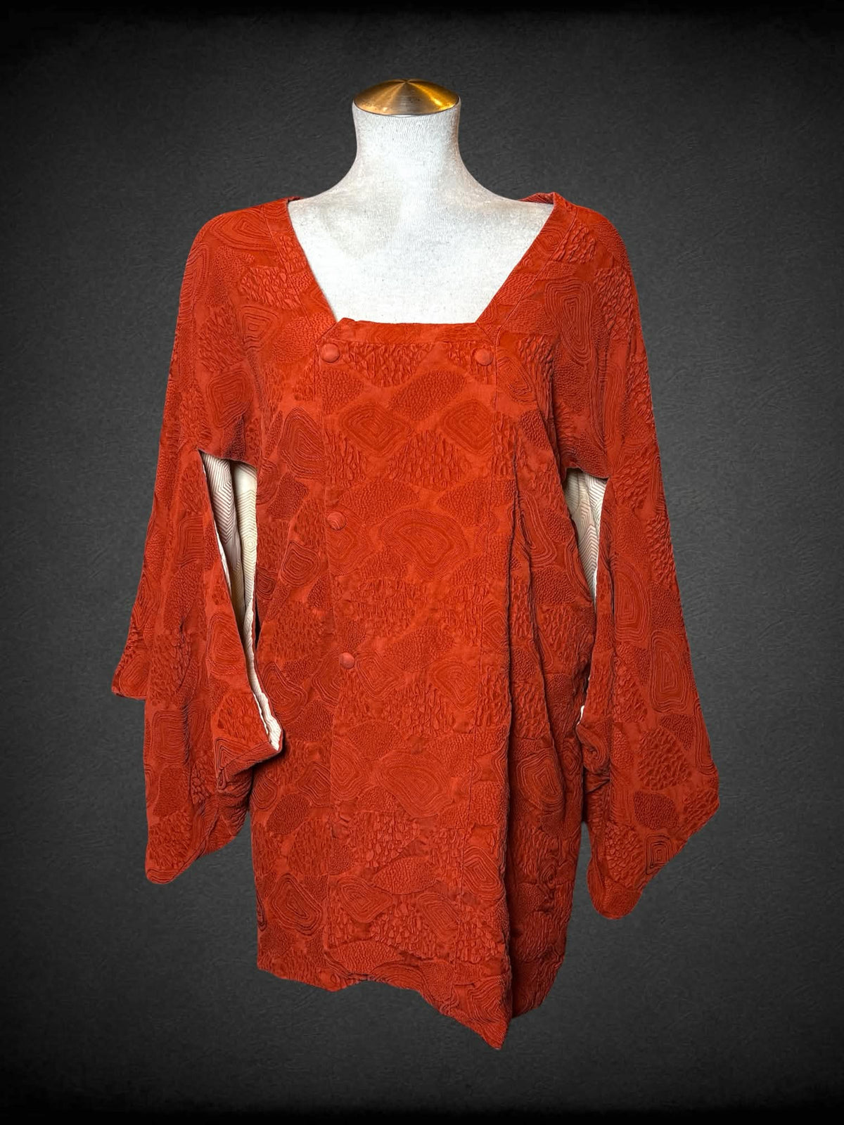 L vintage orange Japanese Kimono Haori with textured abstract design, and snap buttons