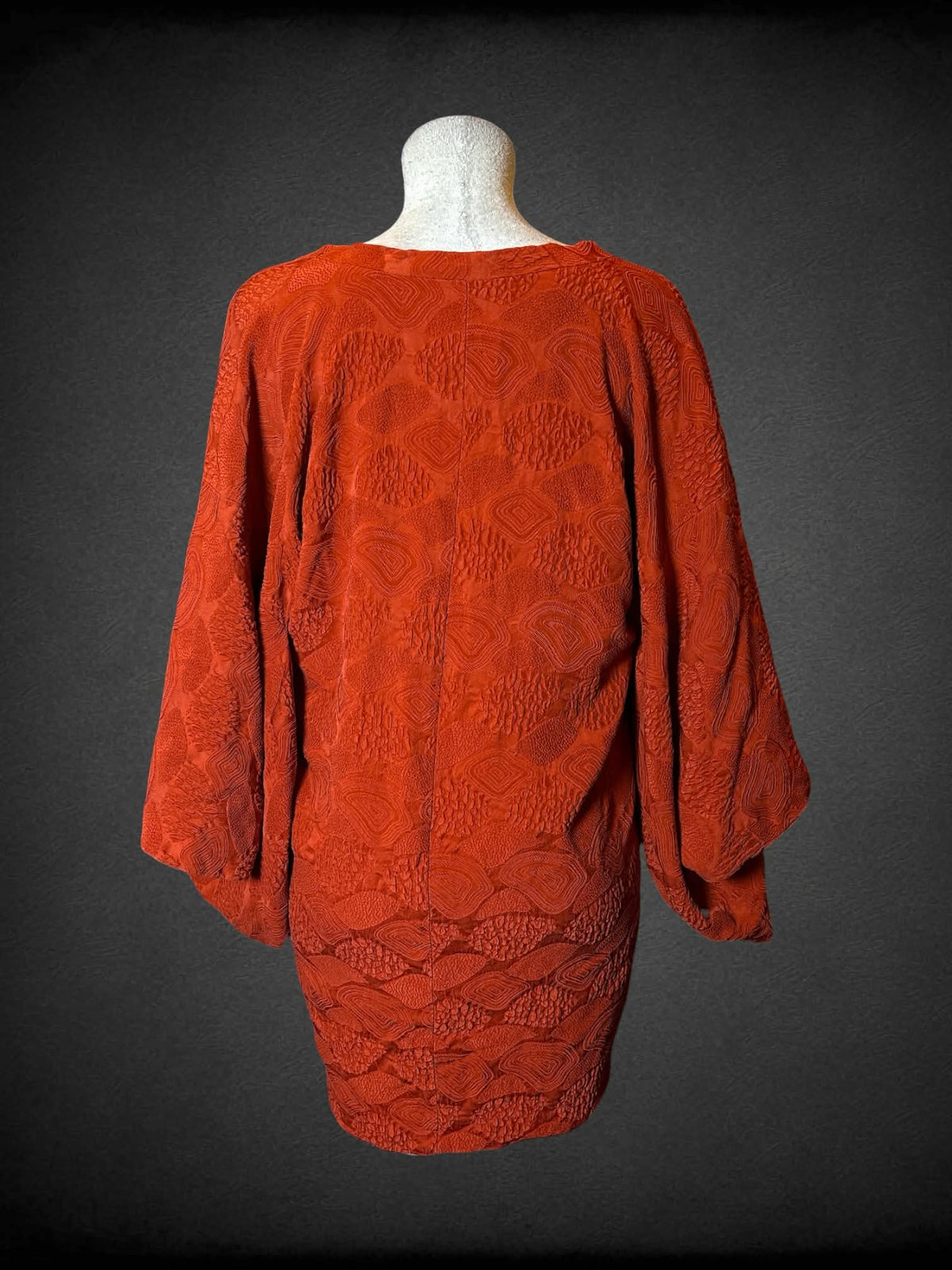 L vintage orange Japanese Kimono Haori with textured abstract design, and snap buttons
