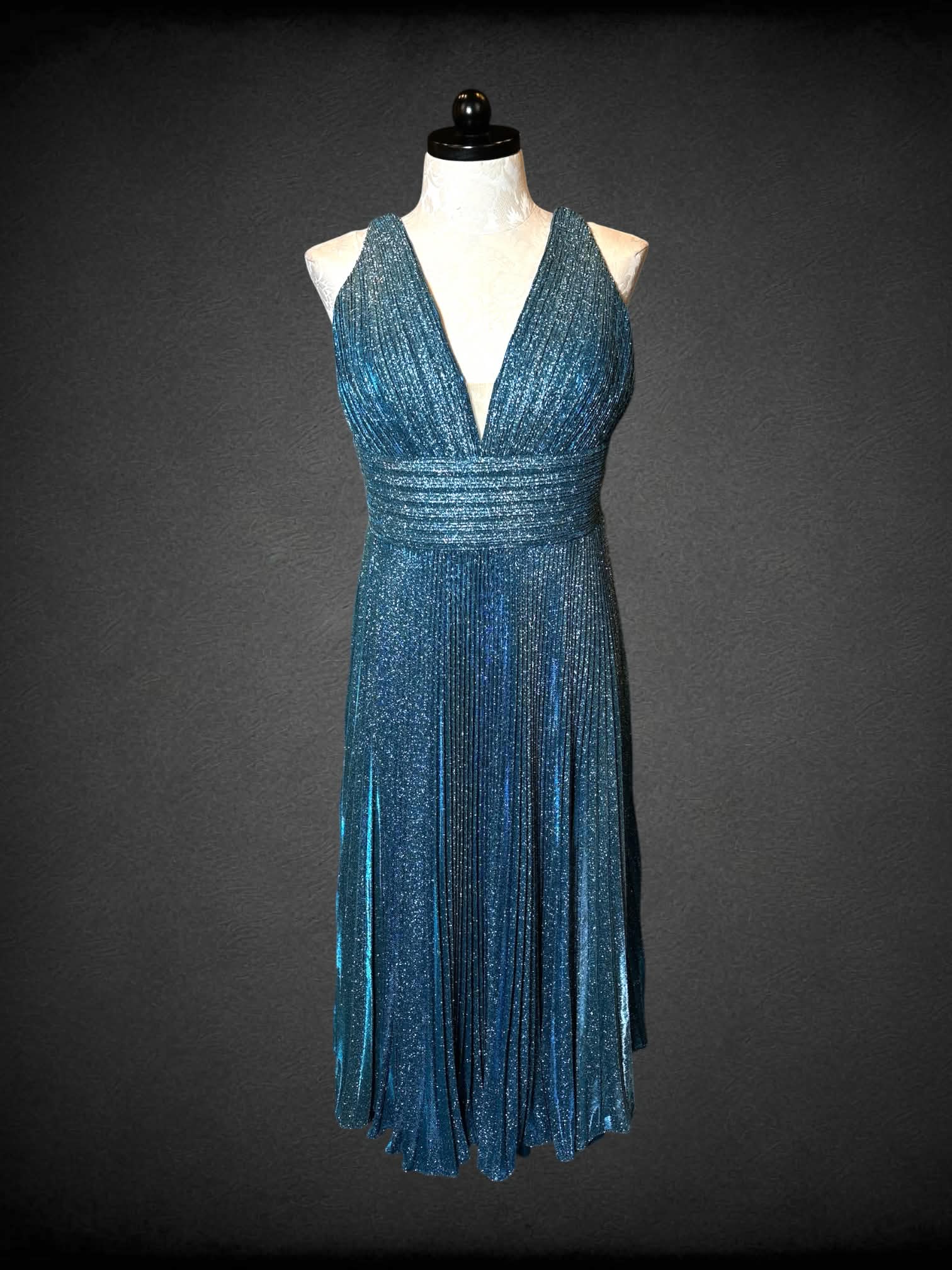 XL Jovani designer sparkly blue dress with padded bra, pleated skirt, and zipper on back
