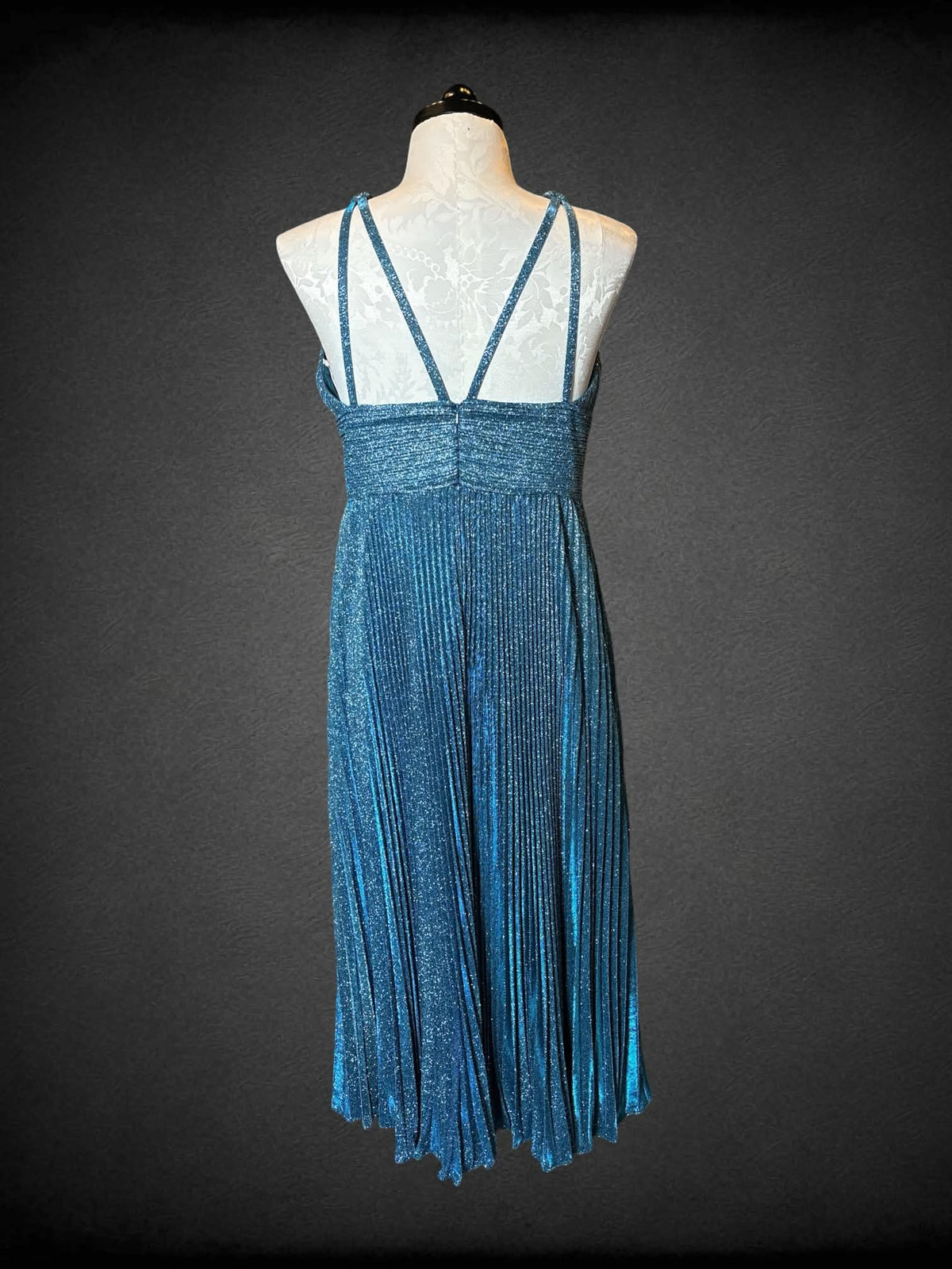 XL Jovani designer sparkly blue dress with padded bra, pleated skirt, and zipper on back