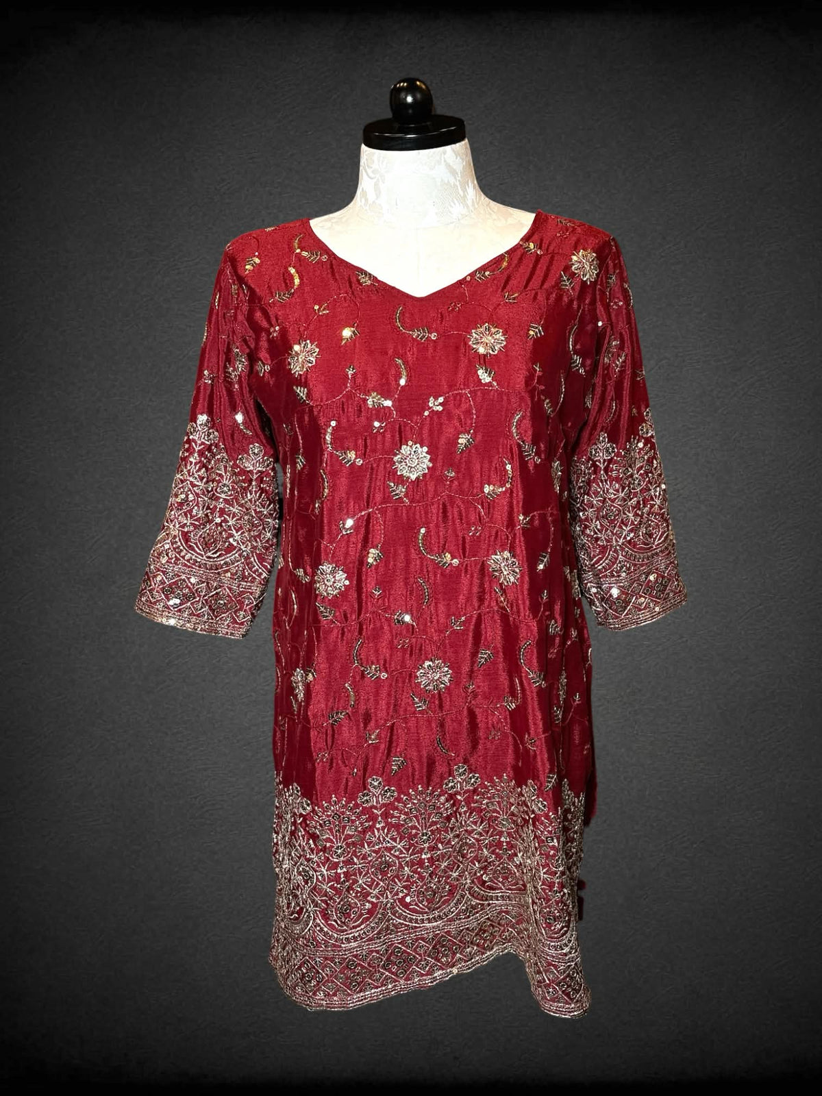 XL red Shalwar Kameez two-piece set with gold embroidery design with sequin