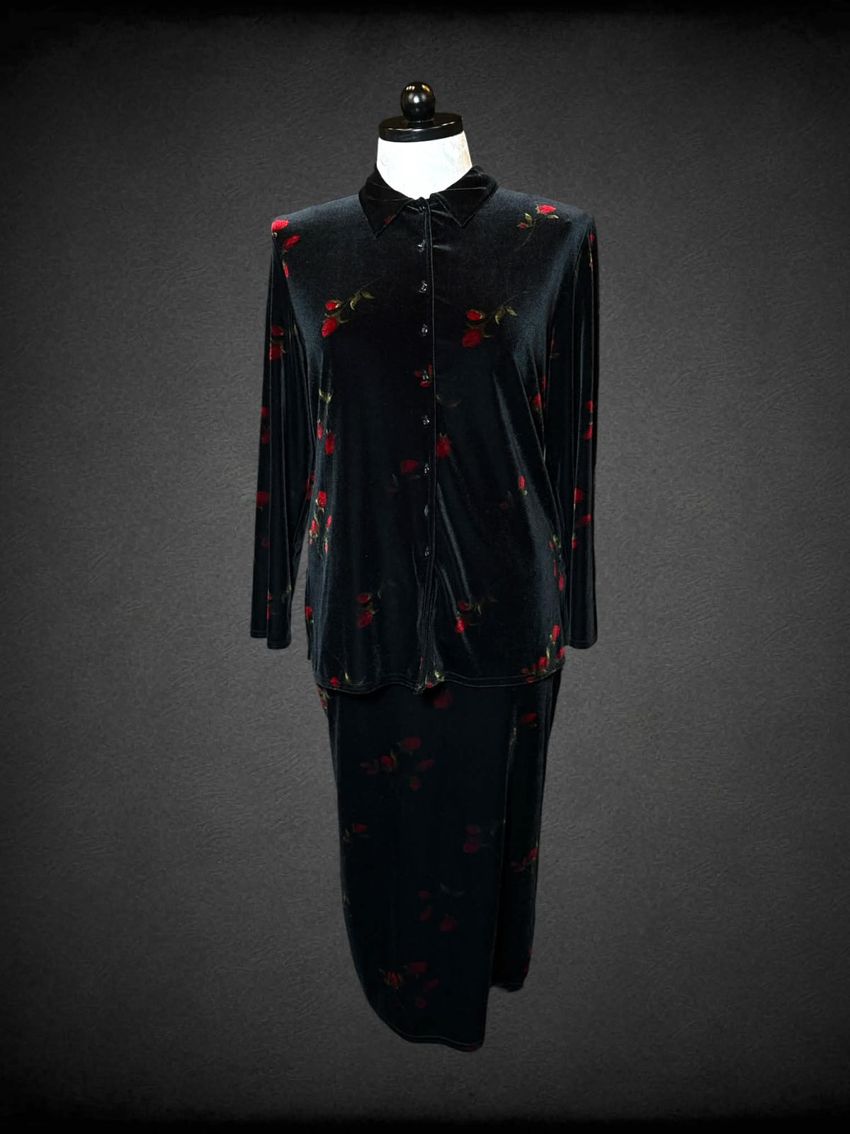 1X Kathie Lee vintage two-piece set with black velvet skirt and button-up shirt with rose design, and tie around top