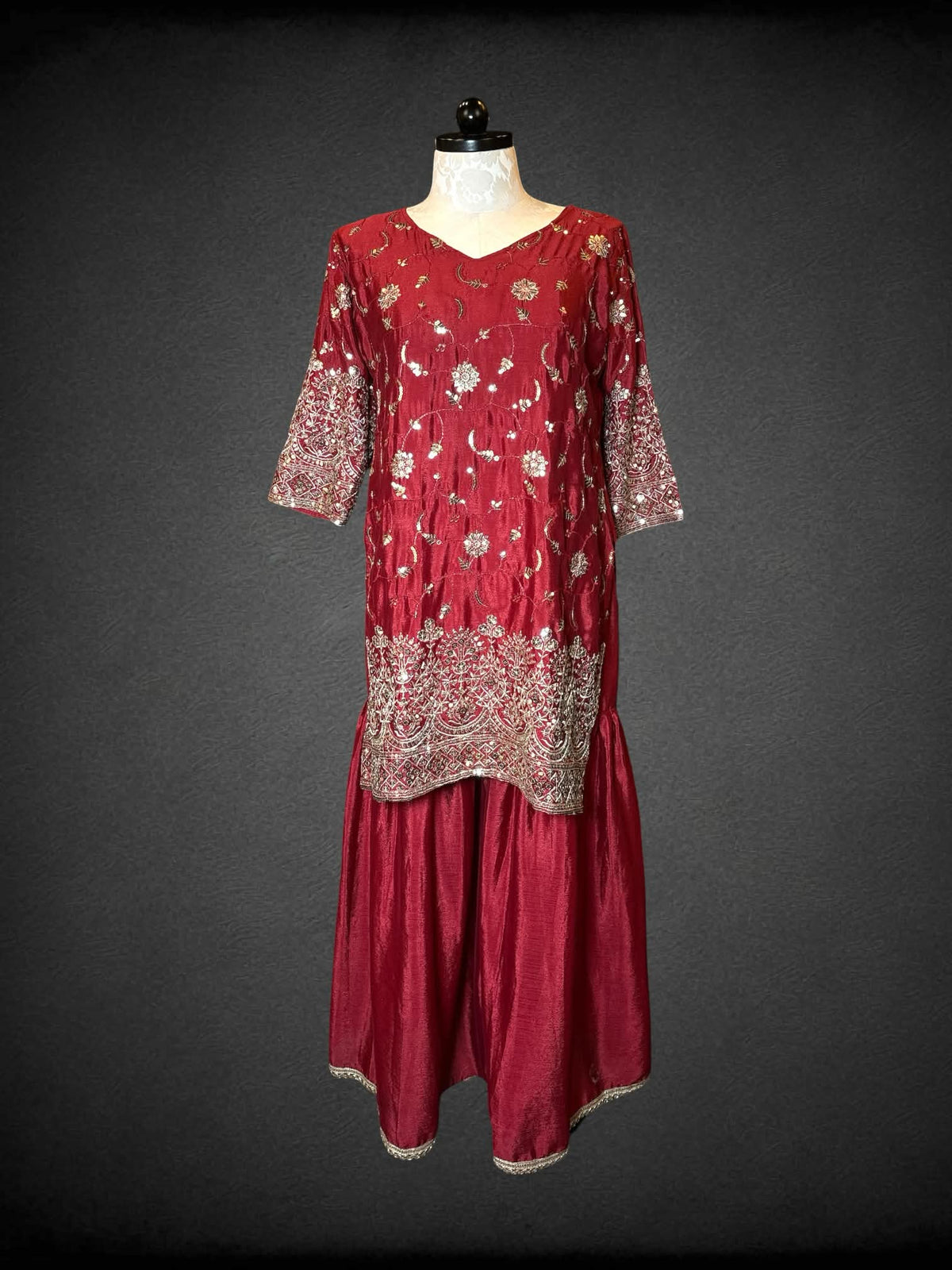 XL red Shalwar Kameez two-piece set with gold embroidery design with sequin