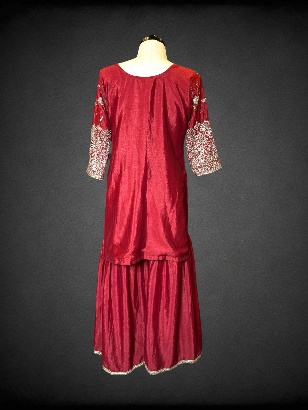 XL red Shalwar Kameez two-piece set with gold embroidery design with sequin