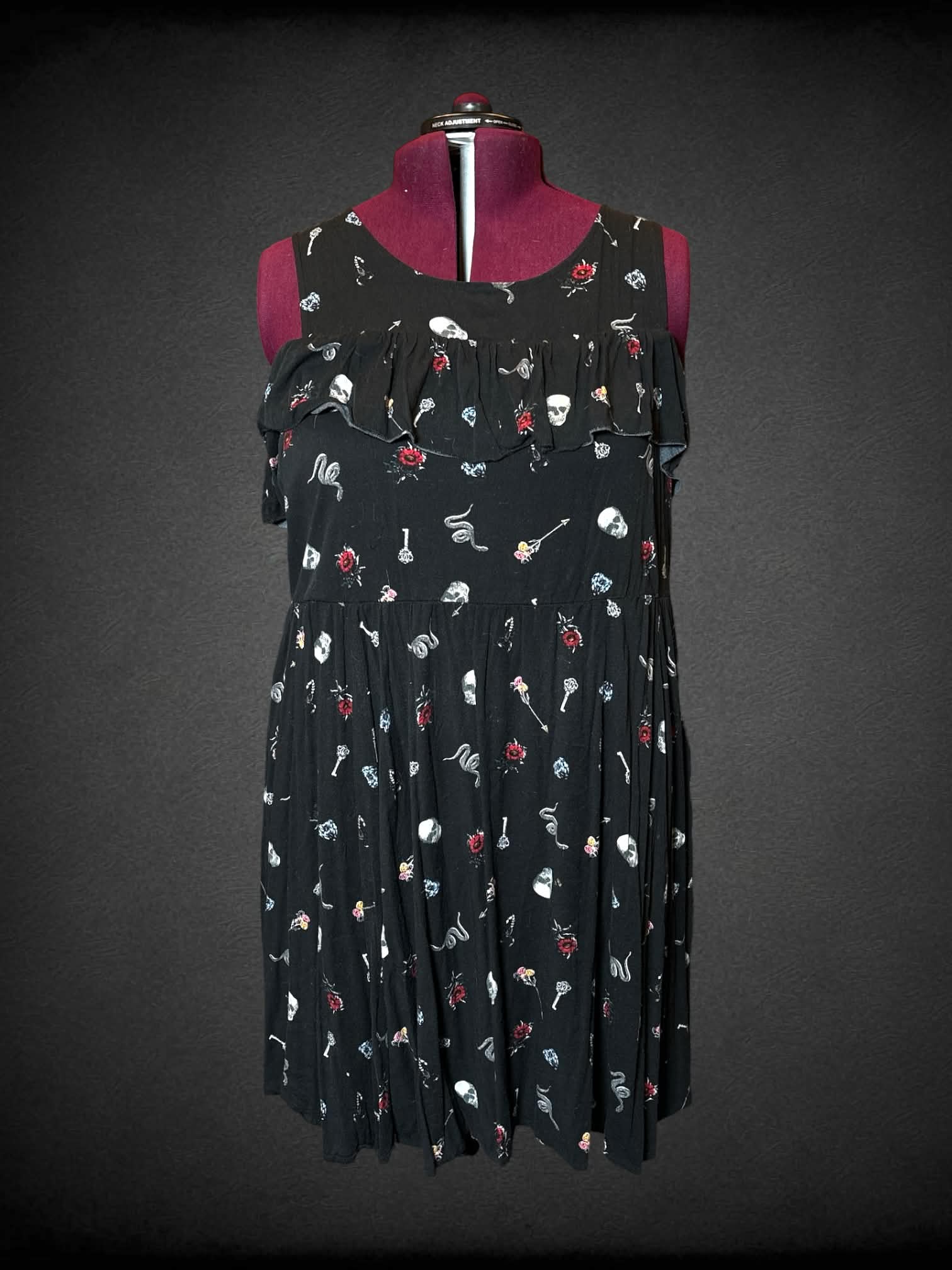 3X Torrid black off-the-shoulder dress with skull, snake, and flower pattern