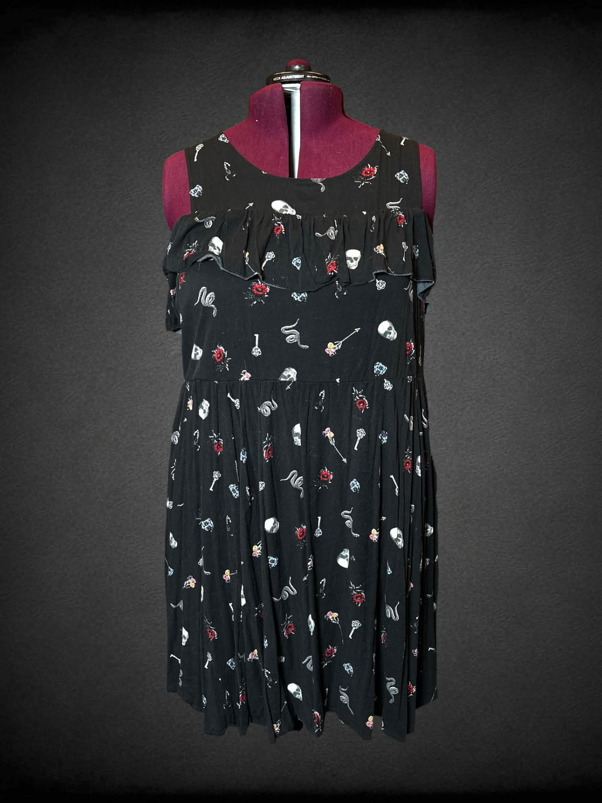 3X Torrid black off-the-shoulder dress with skull, snake, and flower pattern