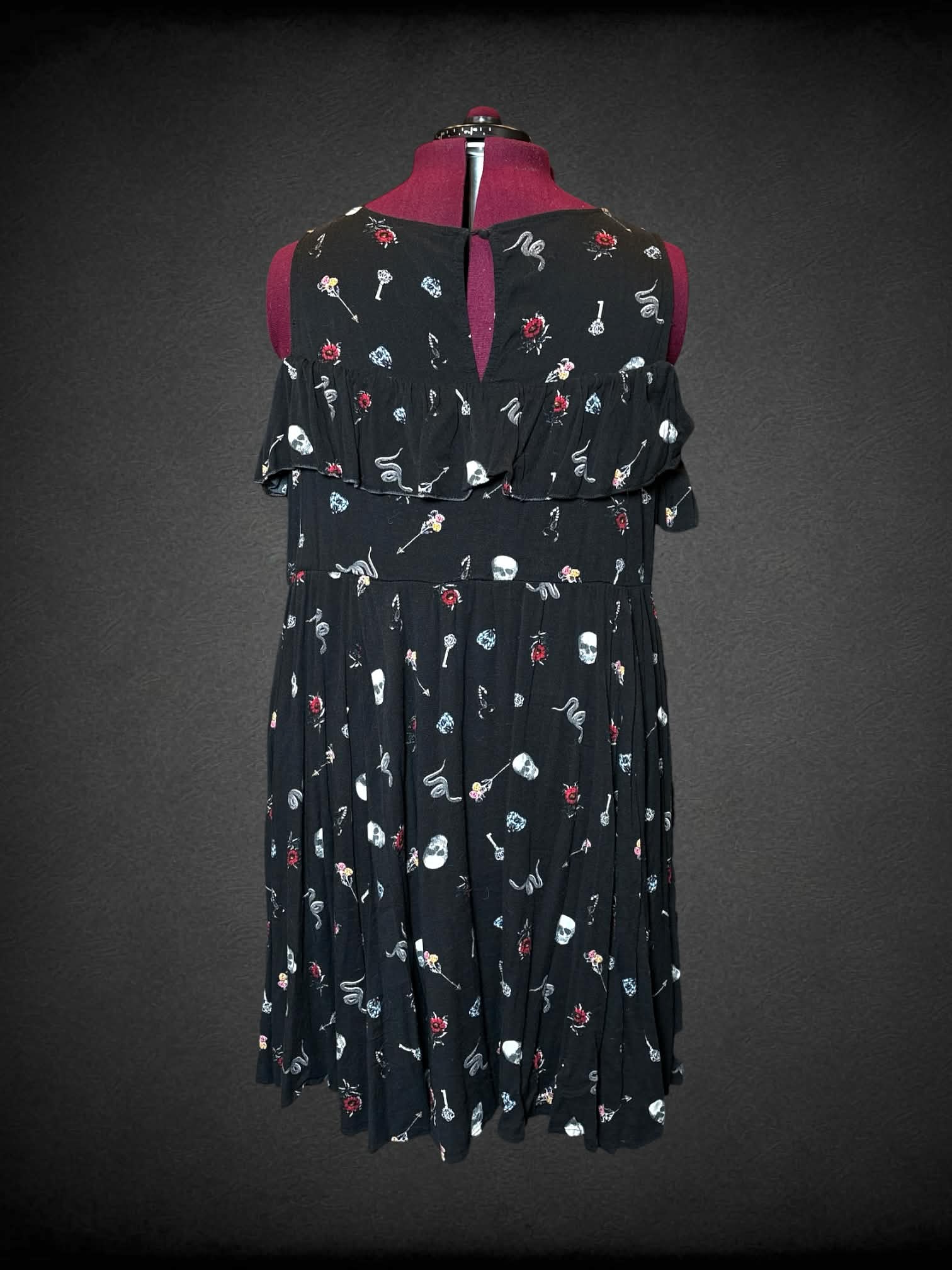 3X Torrid black off-the-shoulder dress with skull, snake, and flower pattern