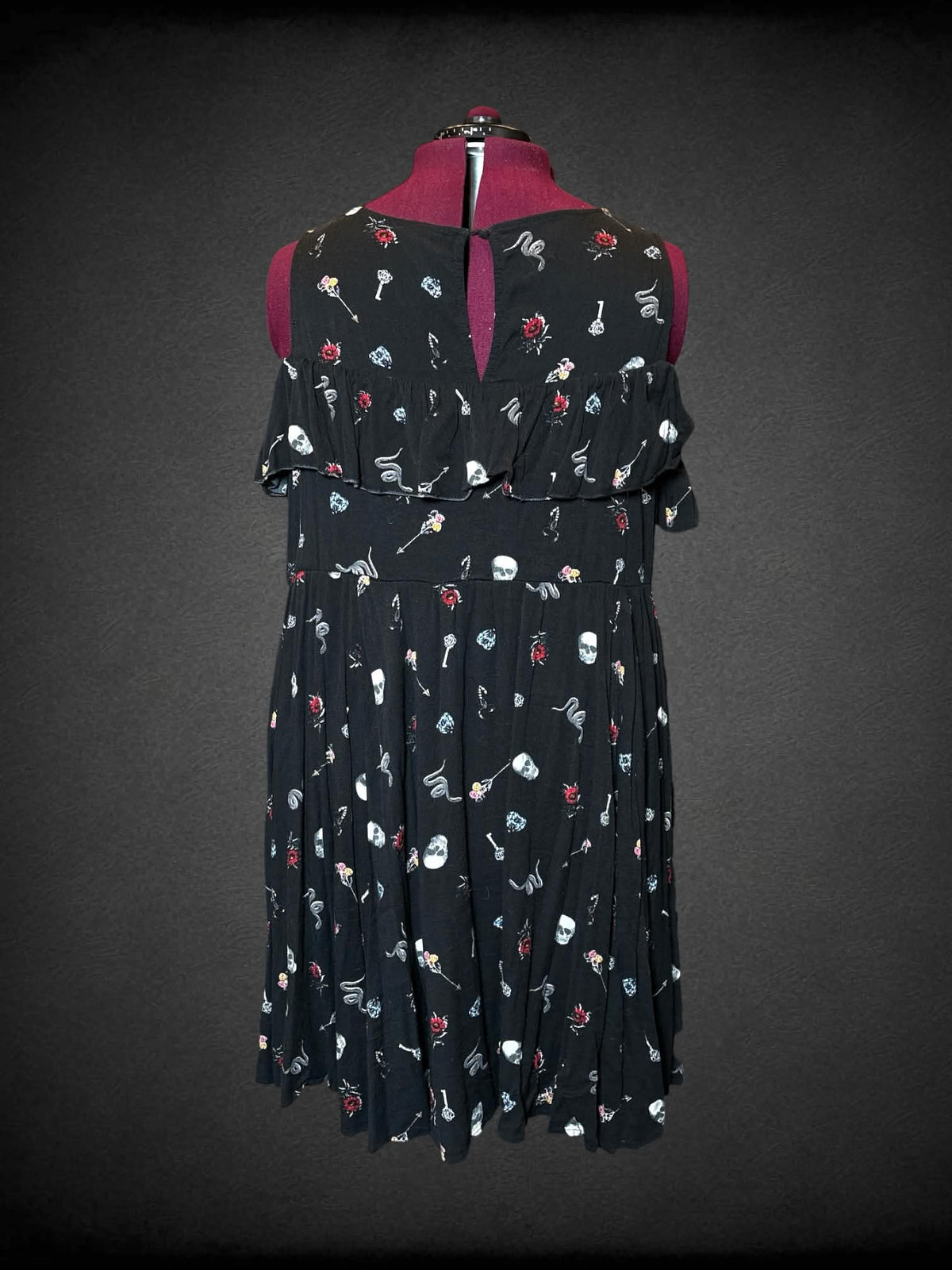 3X Torrid black off-the-shoulder dress with skull, snake, and flower pattern