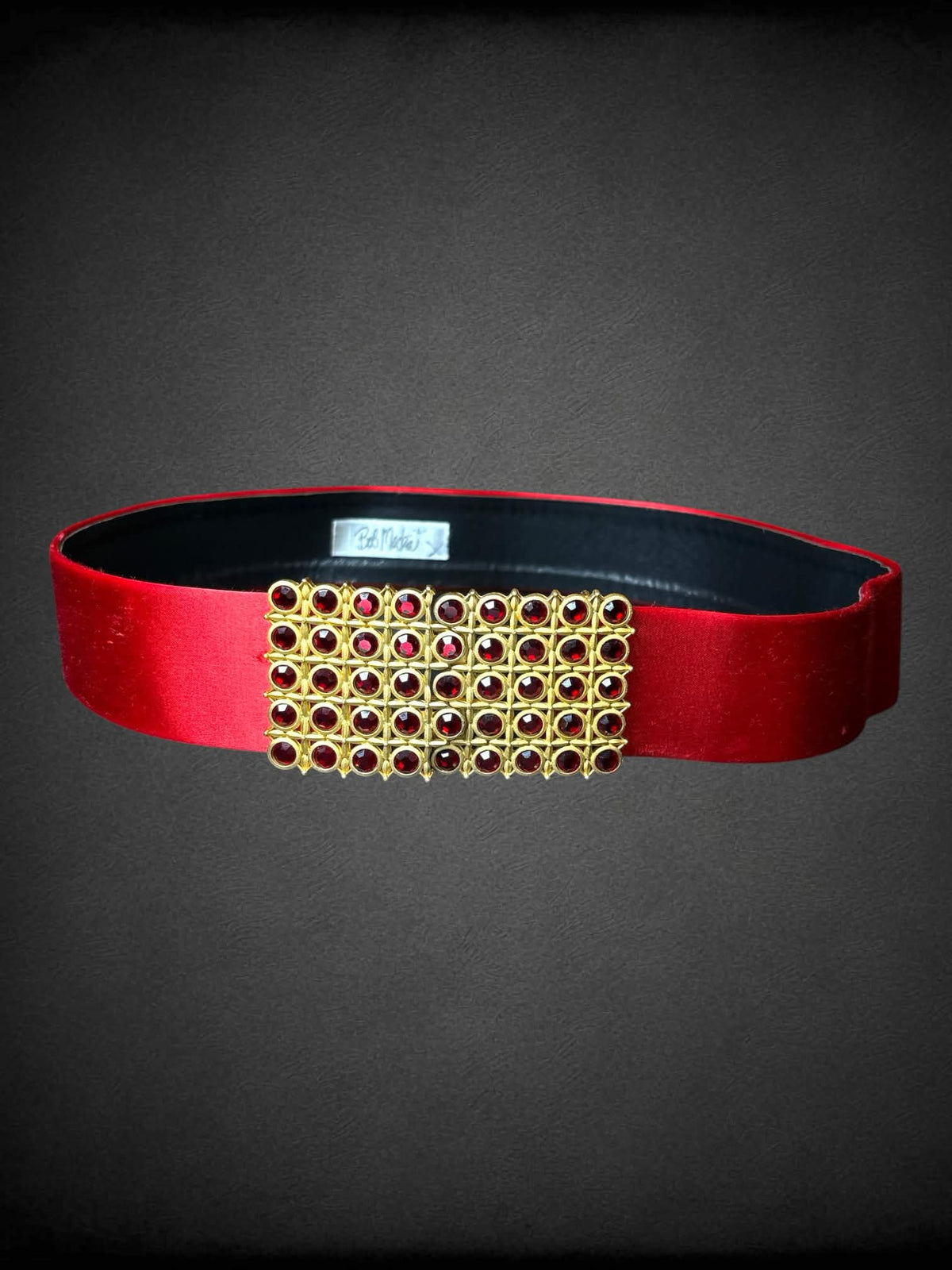 Bob Mackie vintage designer red satin 33inch belt with red & gold metallic clasp