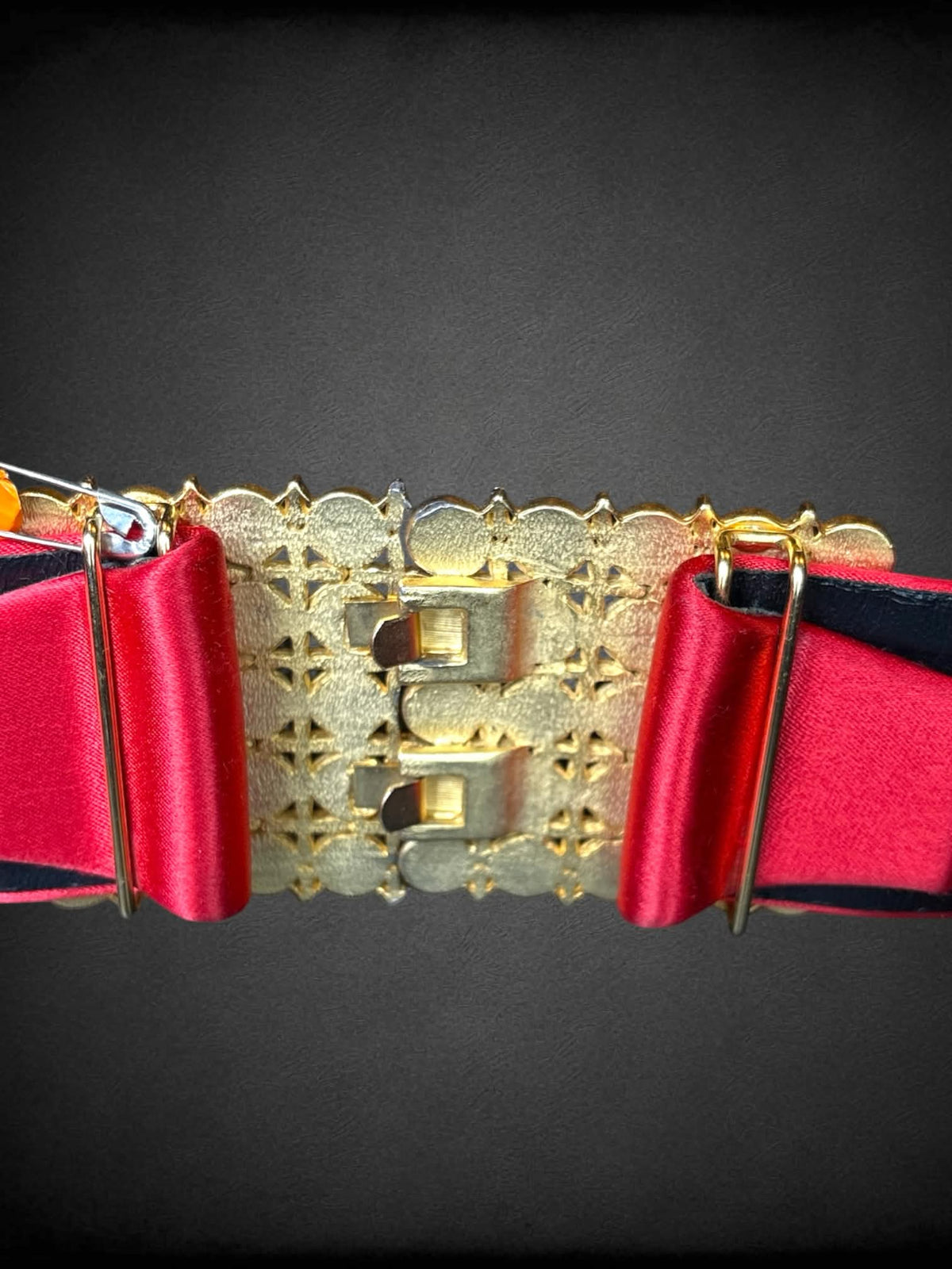 Bob Mackie vintage designer red satin 33inch belt with red & gold metallic clasp